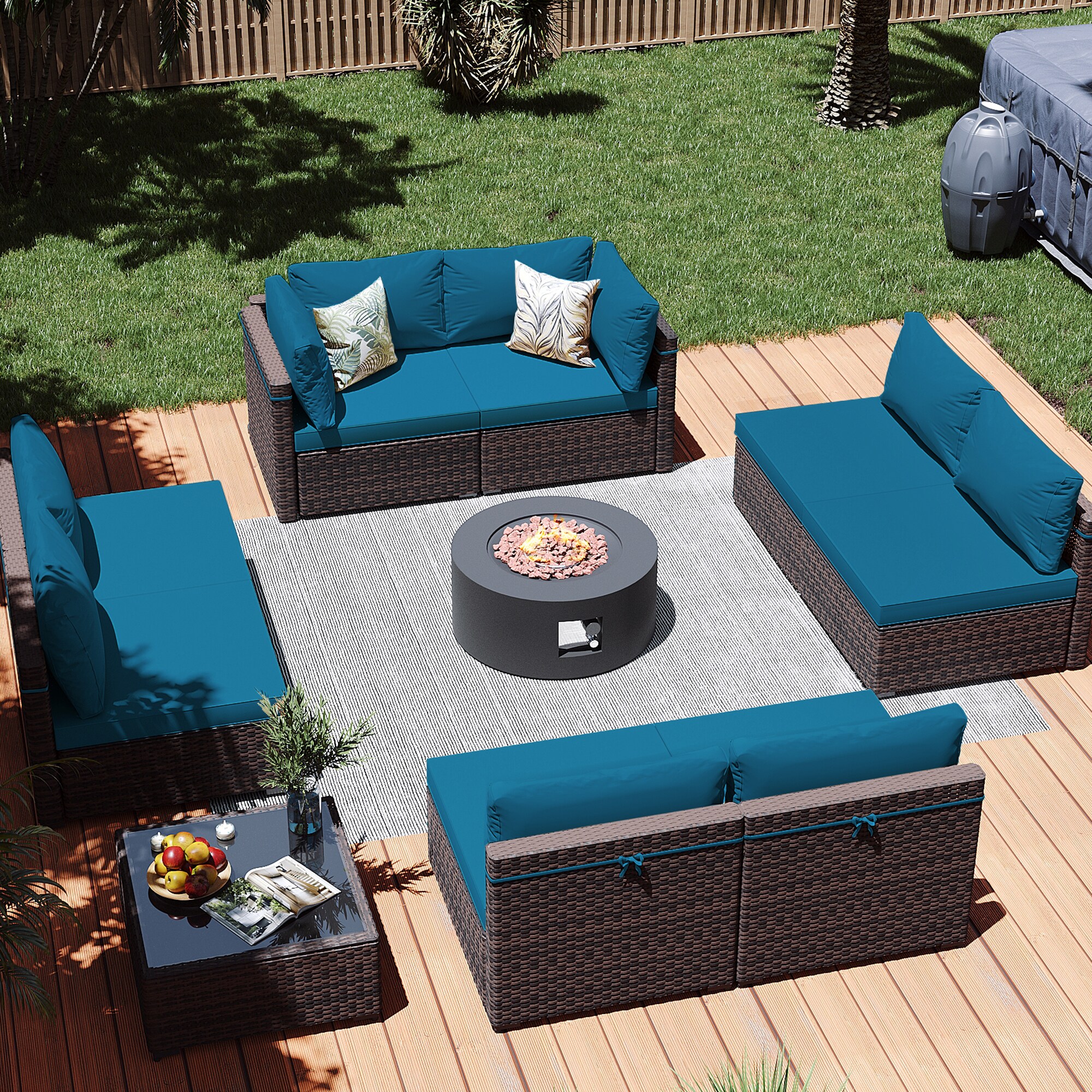 Patio Watcher LS-RT9-28TPDK-B5 10 -Piece Rattan Patio Conversation Set with Blue Cushions