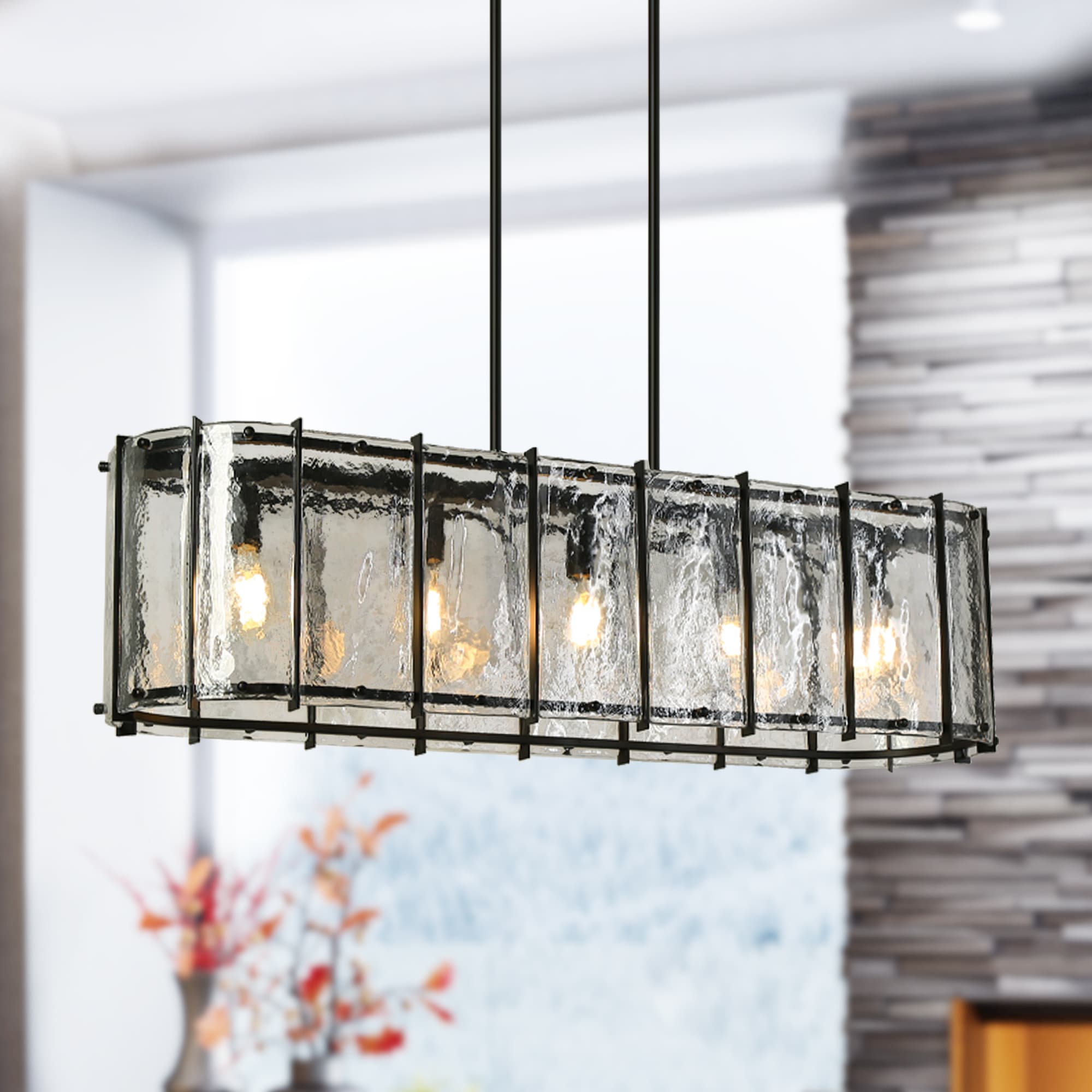 LNC HA0543001 Fiorekaury 5 -Light Matte black Modern/contemporary Tinted glass Linear Large Hanging Kitchen island light