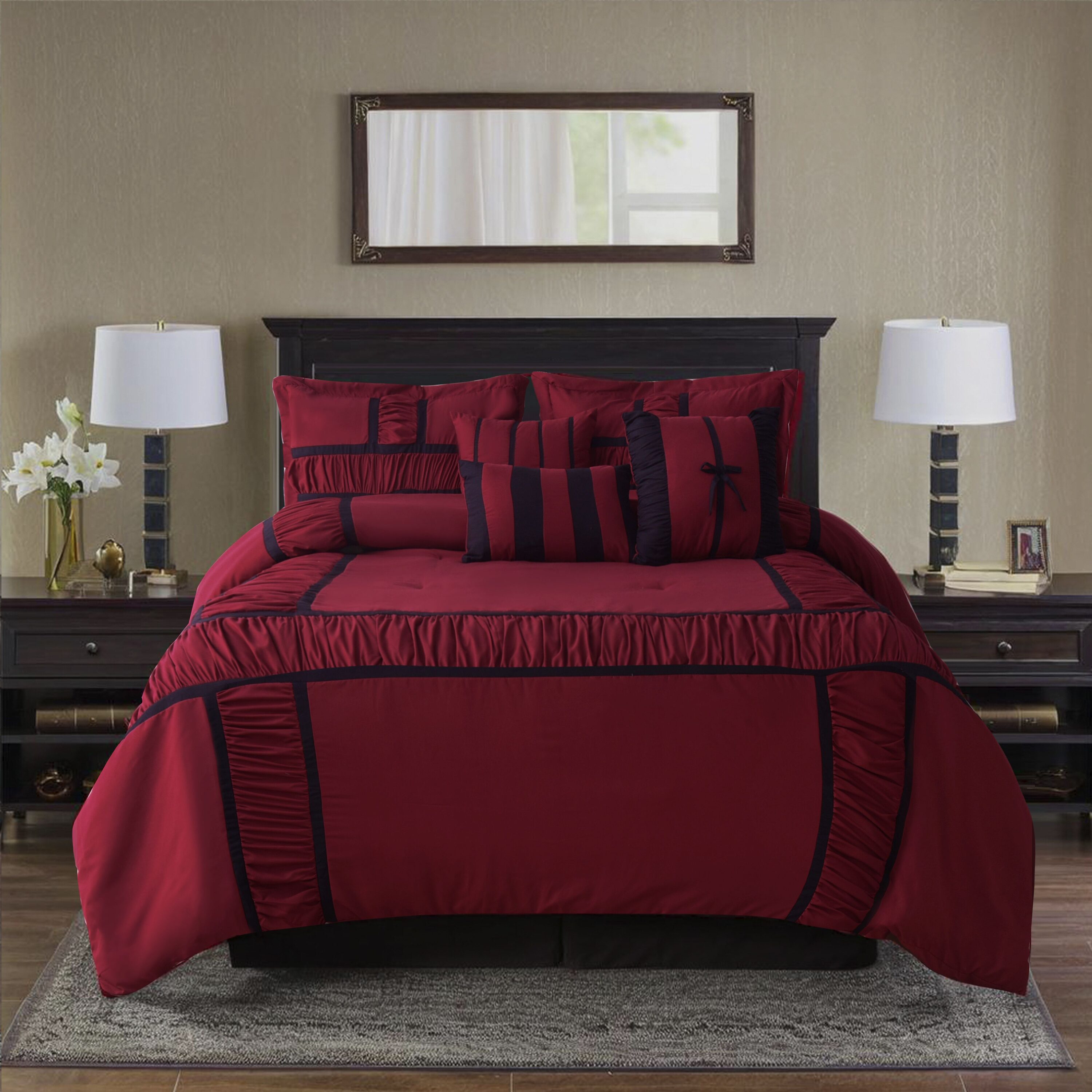 JUSHUA 7 Piece Burgundy Ruched Comforter Set is made of Brushed Microfiber Bedding for All Seasons