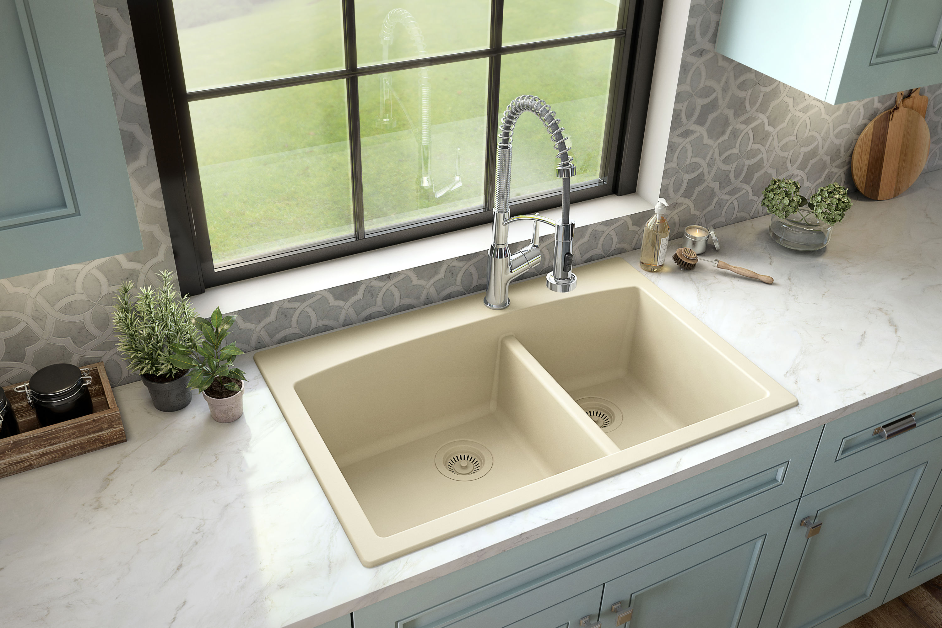 Karran QT-711-BI Drop-in 33.0-in x 22.0-in Quartz Double offset bowl 1-Hole Kitchen Sink