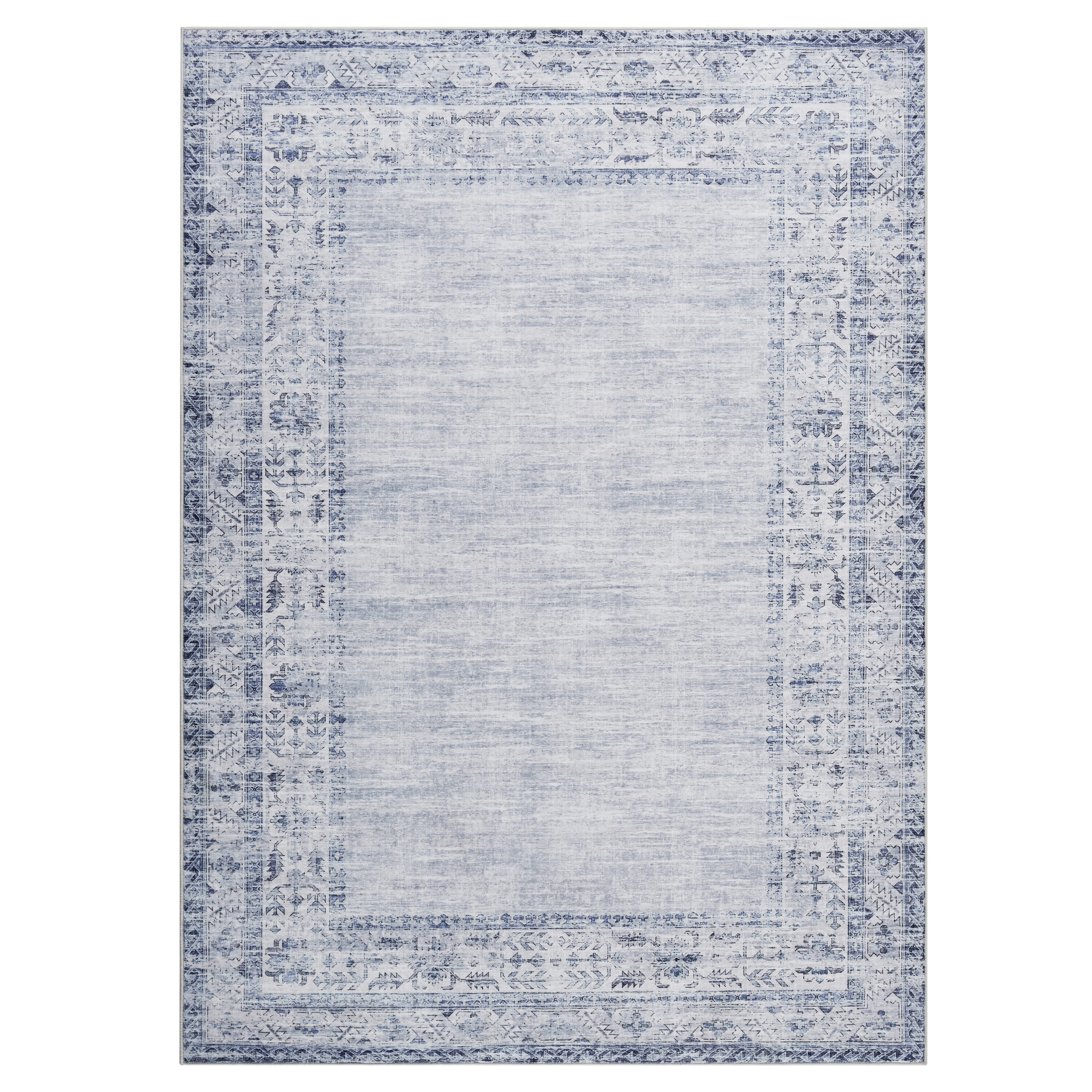 Qeetex SUNNY-PHK-34EX7VUU 9 x 12 ft Polyester Light Blue Rectangular Indoor Bedroom Living Room Distressed Floral Print Vintage Machine Washable Area Rug