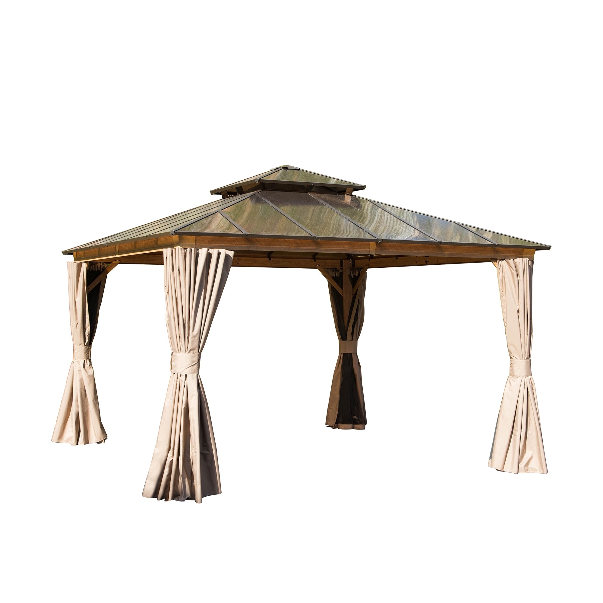 GDFStudio 333544 12x12ft Hardtop Gazebo Polycarbonate Double Roof Aluminum Pavilion with Net Yellow Brown