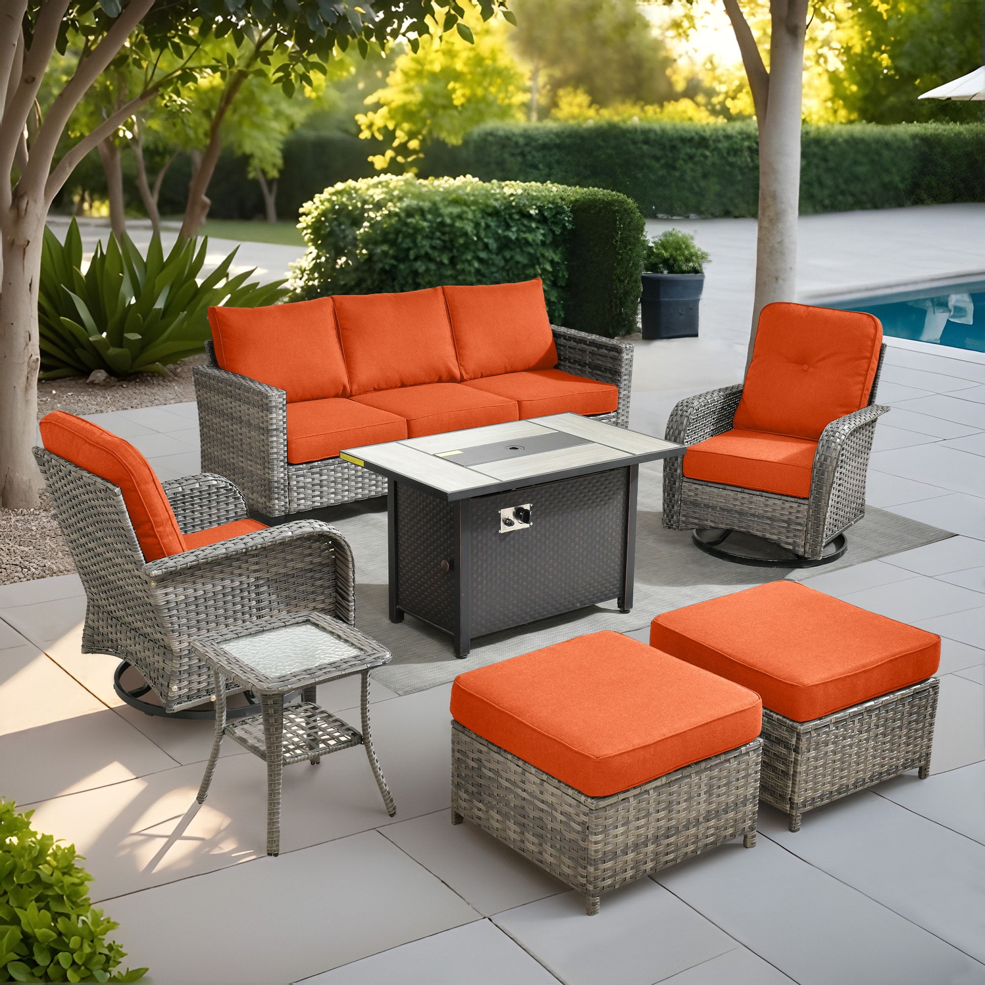weaxty HMB03YZGNCRS8S71 Initial 7 -Piece Wicker Patio Sofa Conversation Set with Orange Cushions