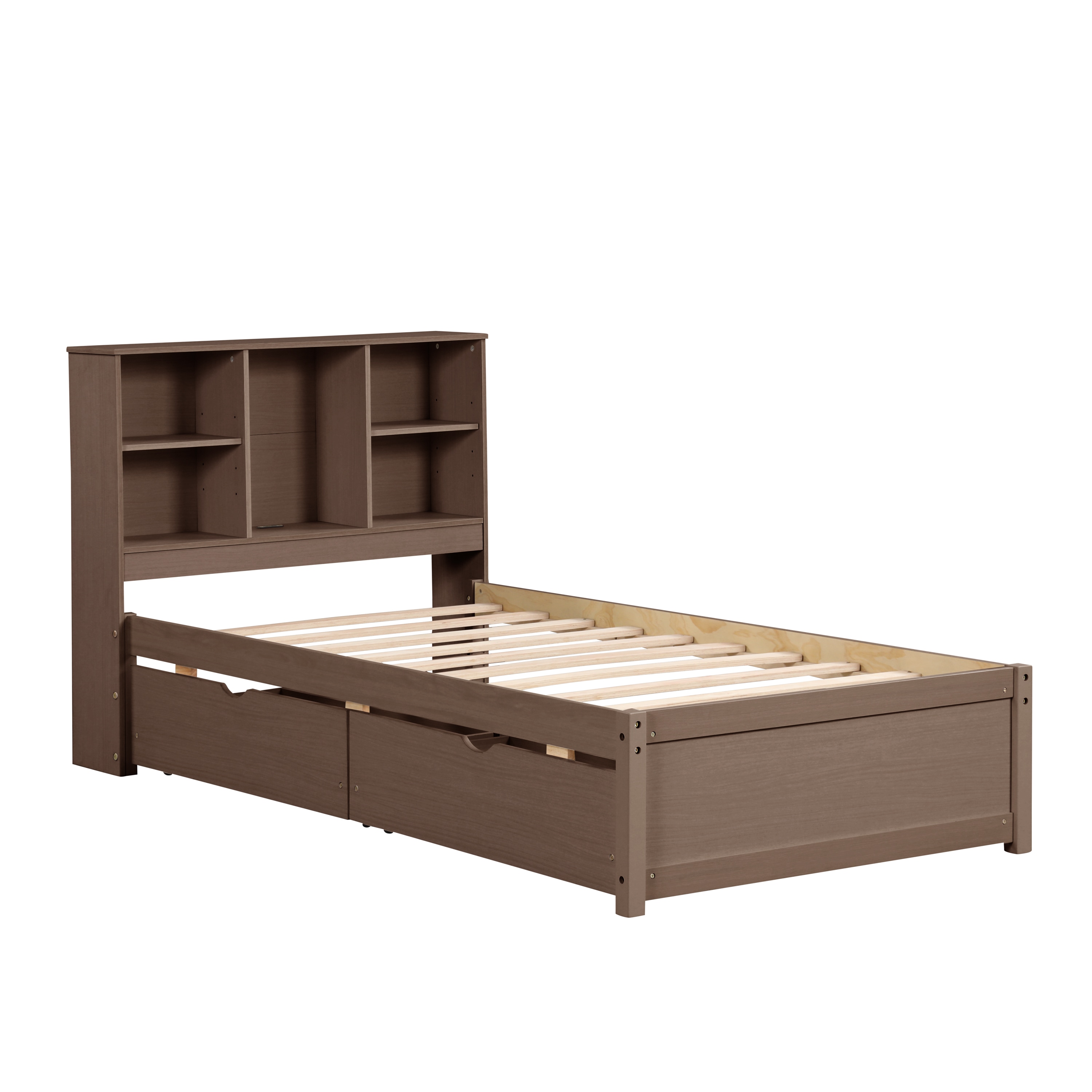 Flynama L-P152020 Walnut Twin Wood Bed frame Bed with Storage