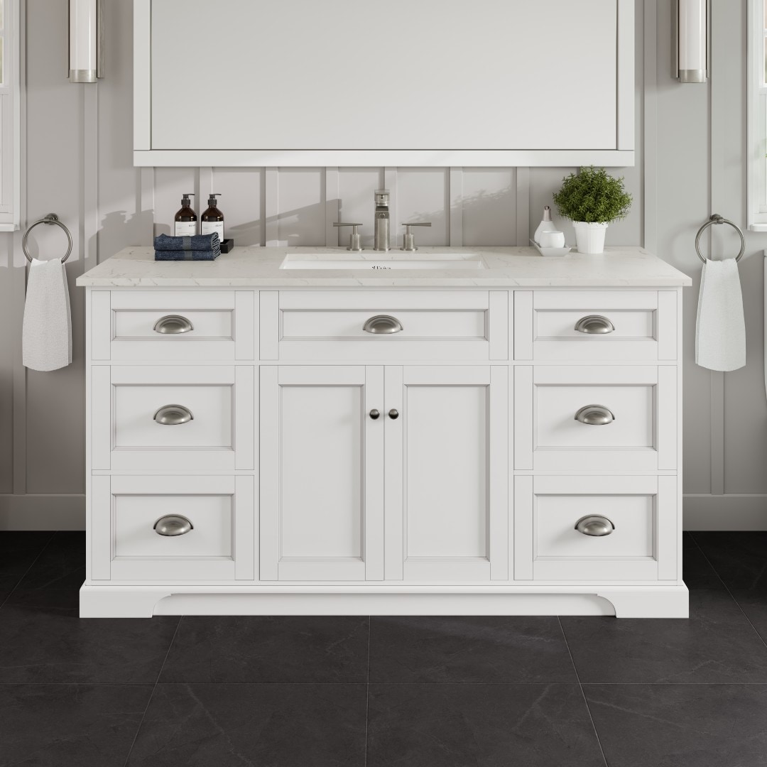 Eviva EVVN666-60WH-SS Epic 60-in White Undermount Single Sink Bathroom Vanity with White Quartz Top