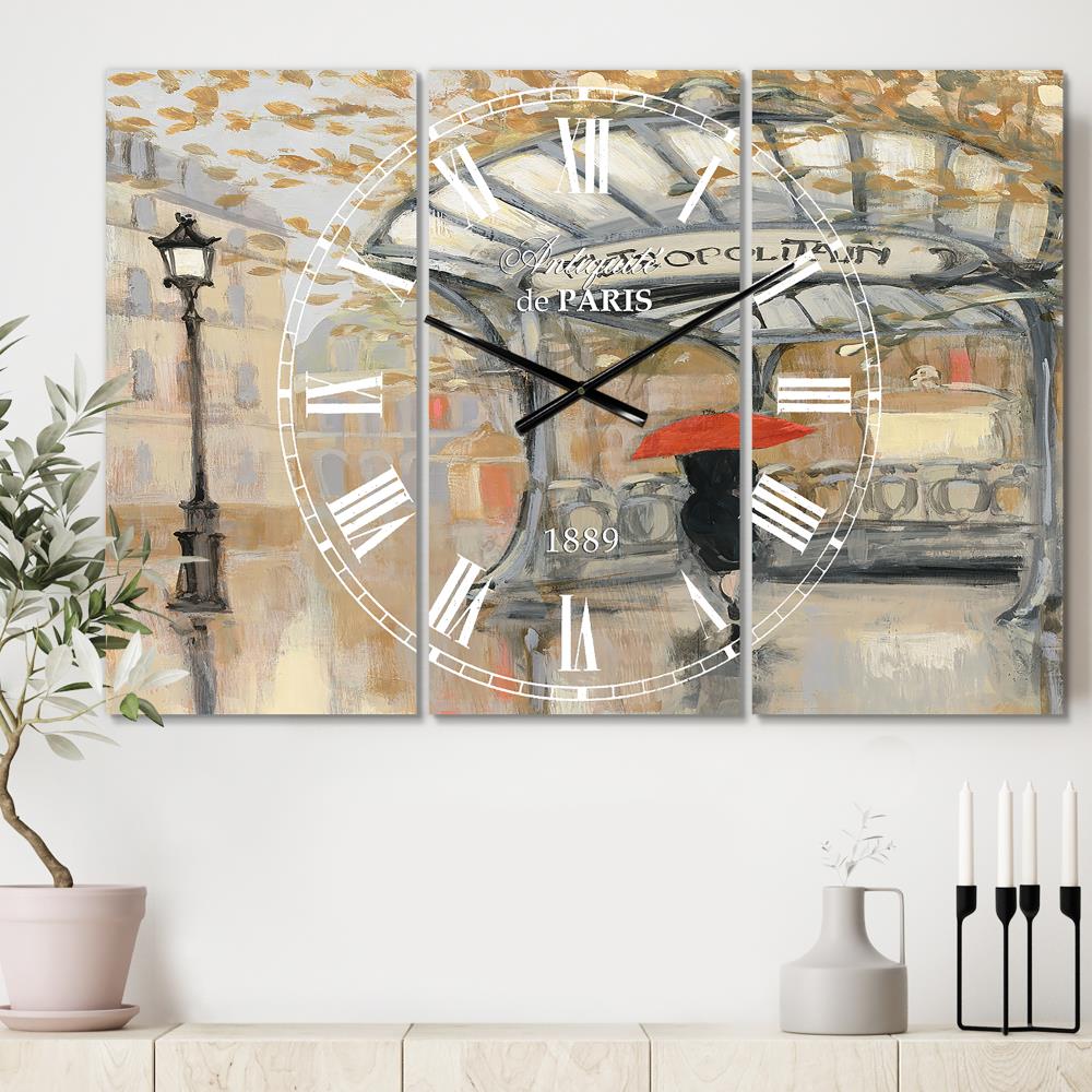 Designart 'Love in Paris IV' Beige Metal Indoor Traditional Wall Clock - Battery Included - Oversized Rectangle Shape - Roman Numerals in Brown -  CLM30093-3P