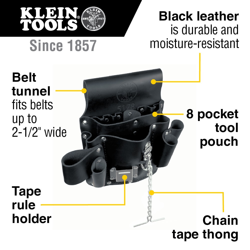 Klein Tools Tool Pouches, 11 Compartment, Black, Leather, Belt Slot, 1/EA