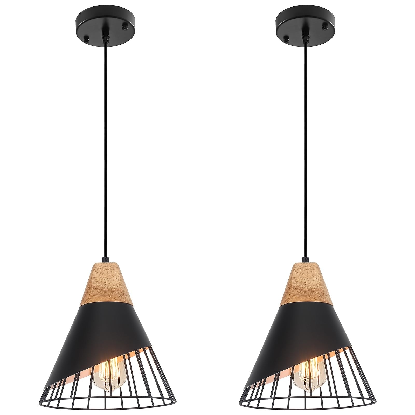Vrbgify  2 Pack 9.4 Inch Black Pendant Light Modern Farmhouse Iron and Wood Hanging Fixture for Kitchen Island Bedroom Dining Room Office Bar
