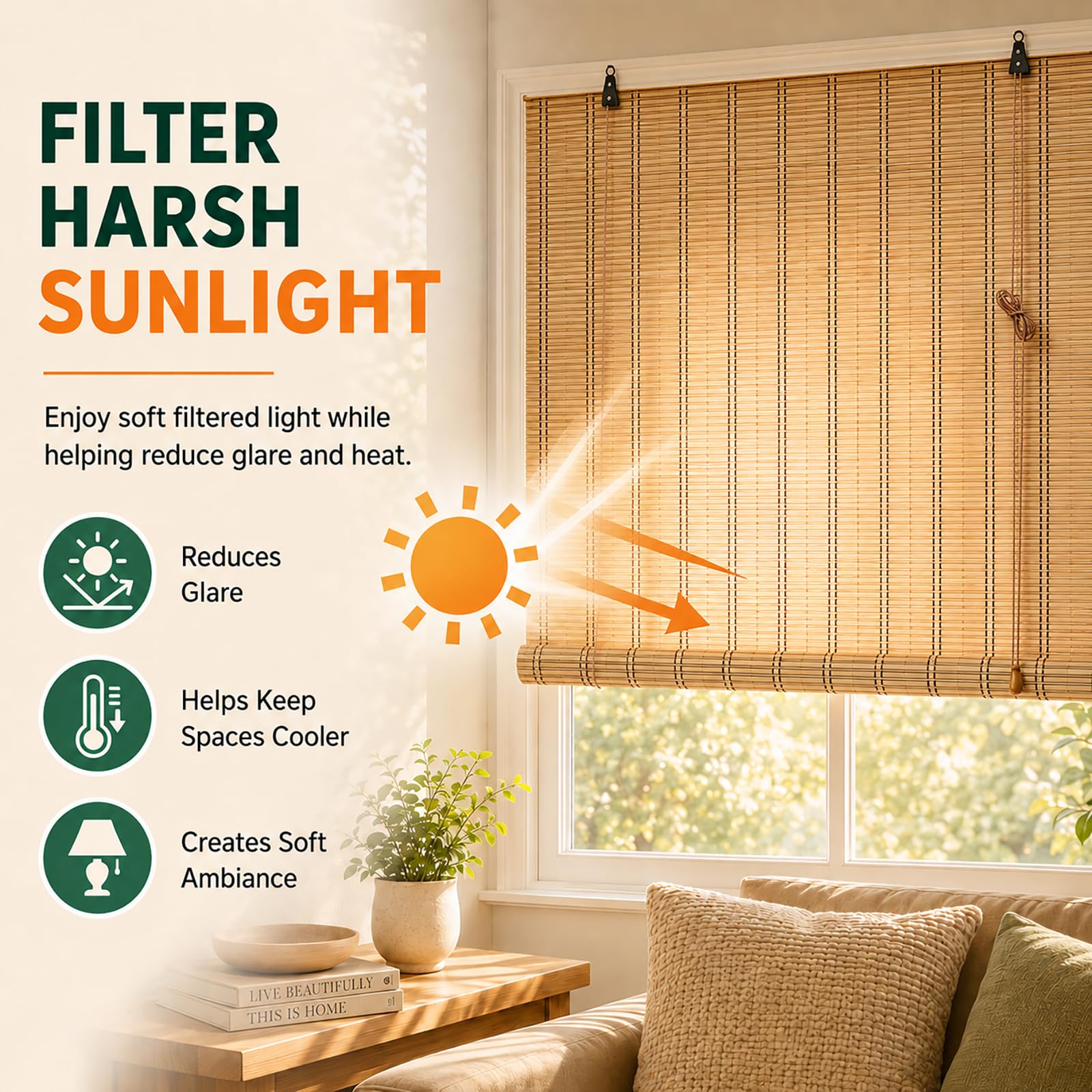 Lukvuzo Bamboo Blinds for Interior Windows Custom Bamboo Shades Light ...