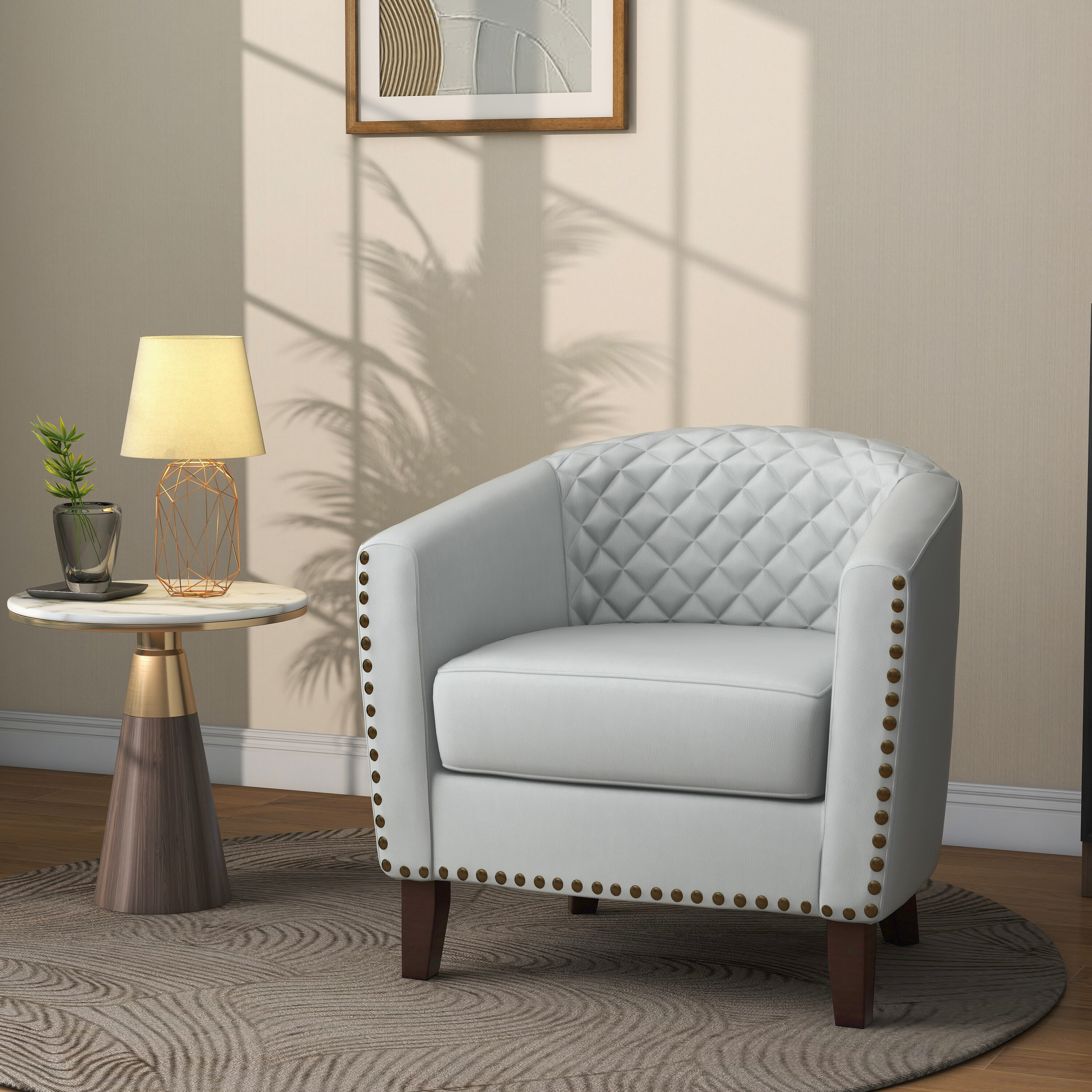 Dreamsidea Leather Upholstered Diamond Lattice Barrel Accent Chair White