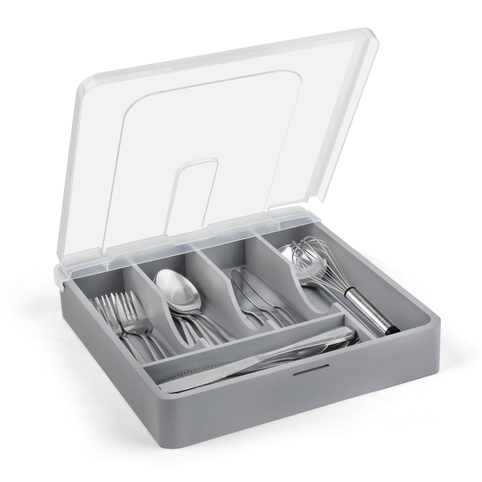 Anqtovp  Bamboo Silverware Tray with Lid Utensil Drawer Organizer for Kitchen Countertop Wooden Flatware Storage Holder Bamboo Grey