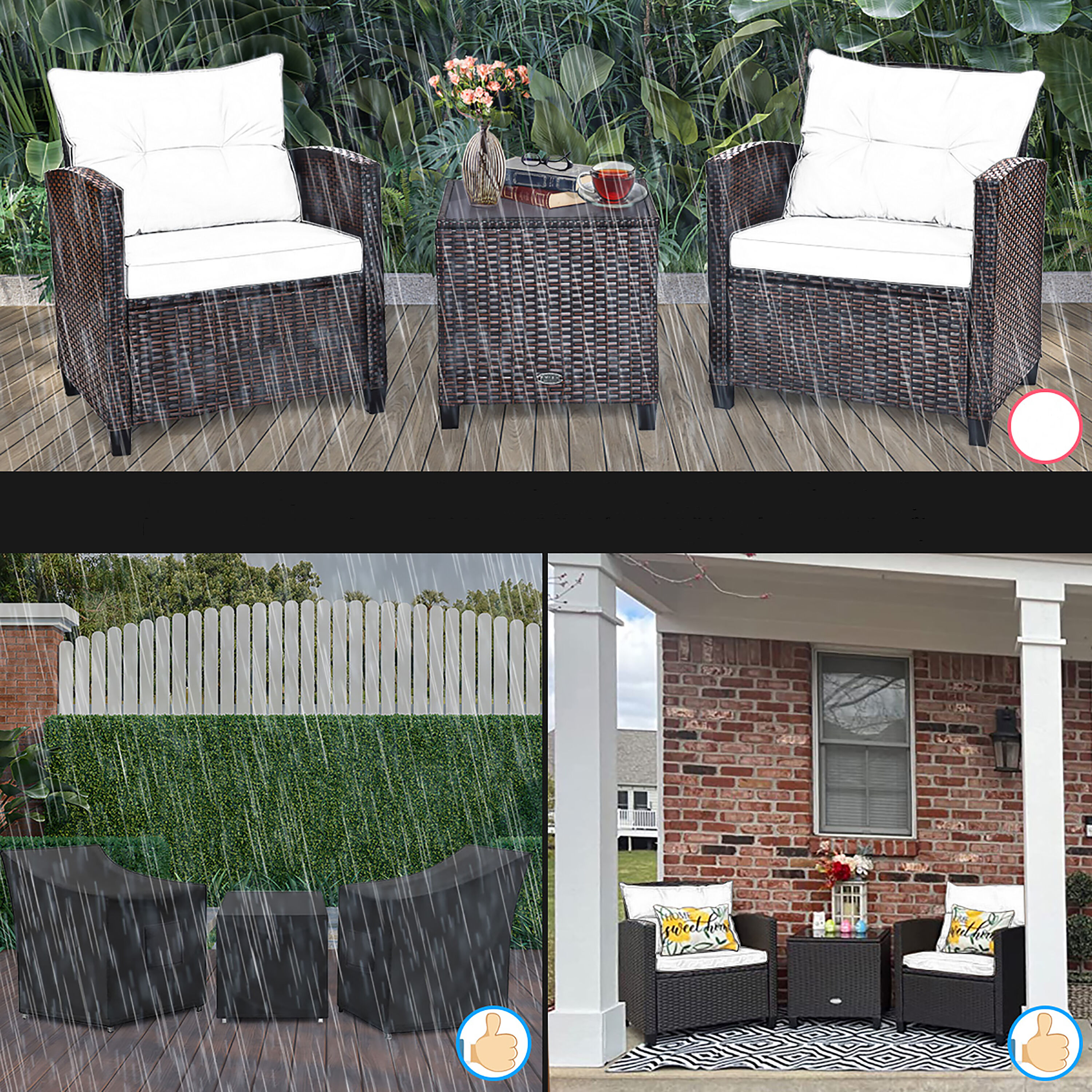 Turquoise Cushioned Rattan 3-Piece Patio Conversation Set