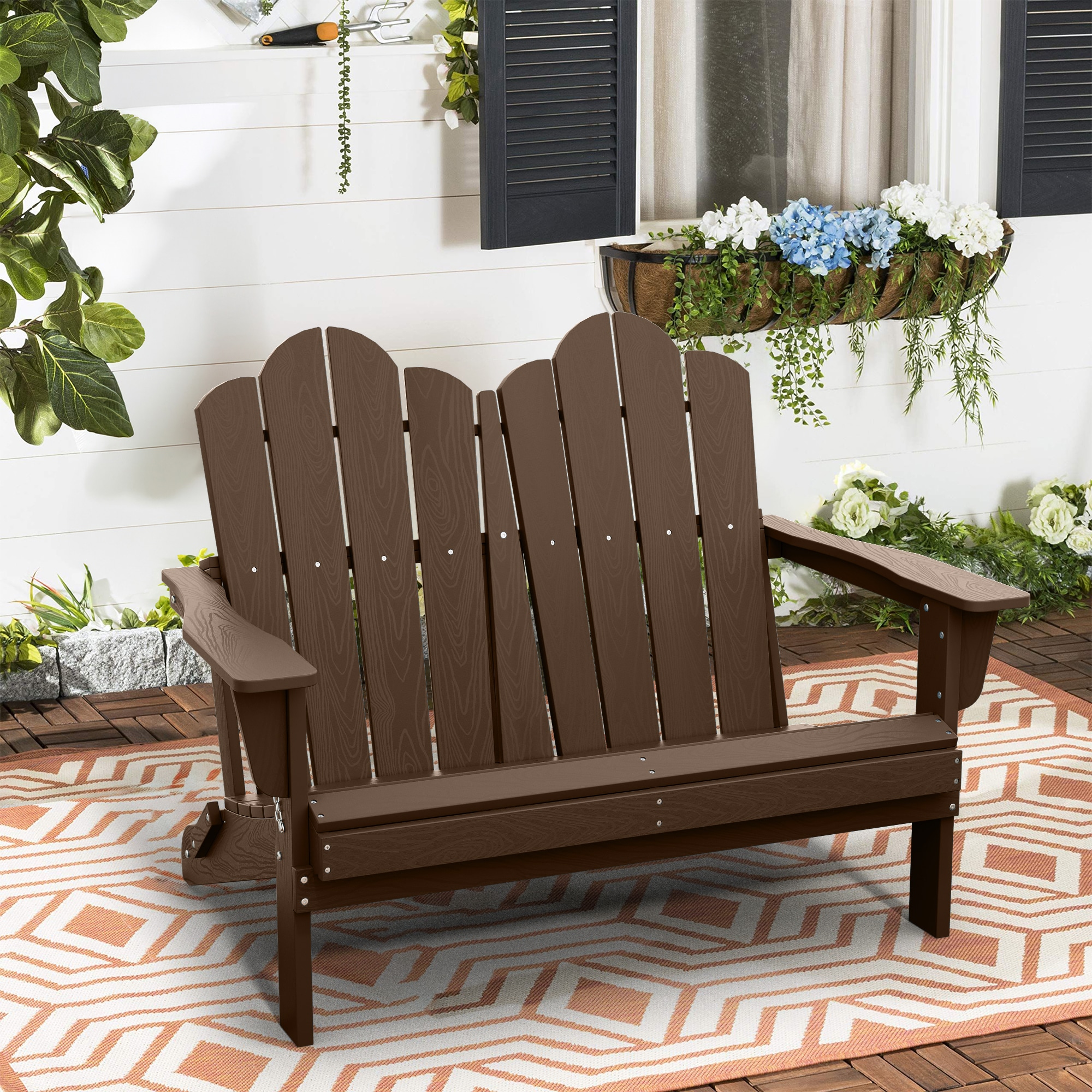 VOUA 2YDY-BR Poly Brown HDPE Frame Stationary Adirondack Chair with Solid Seat