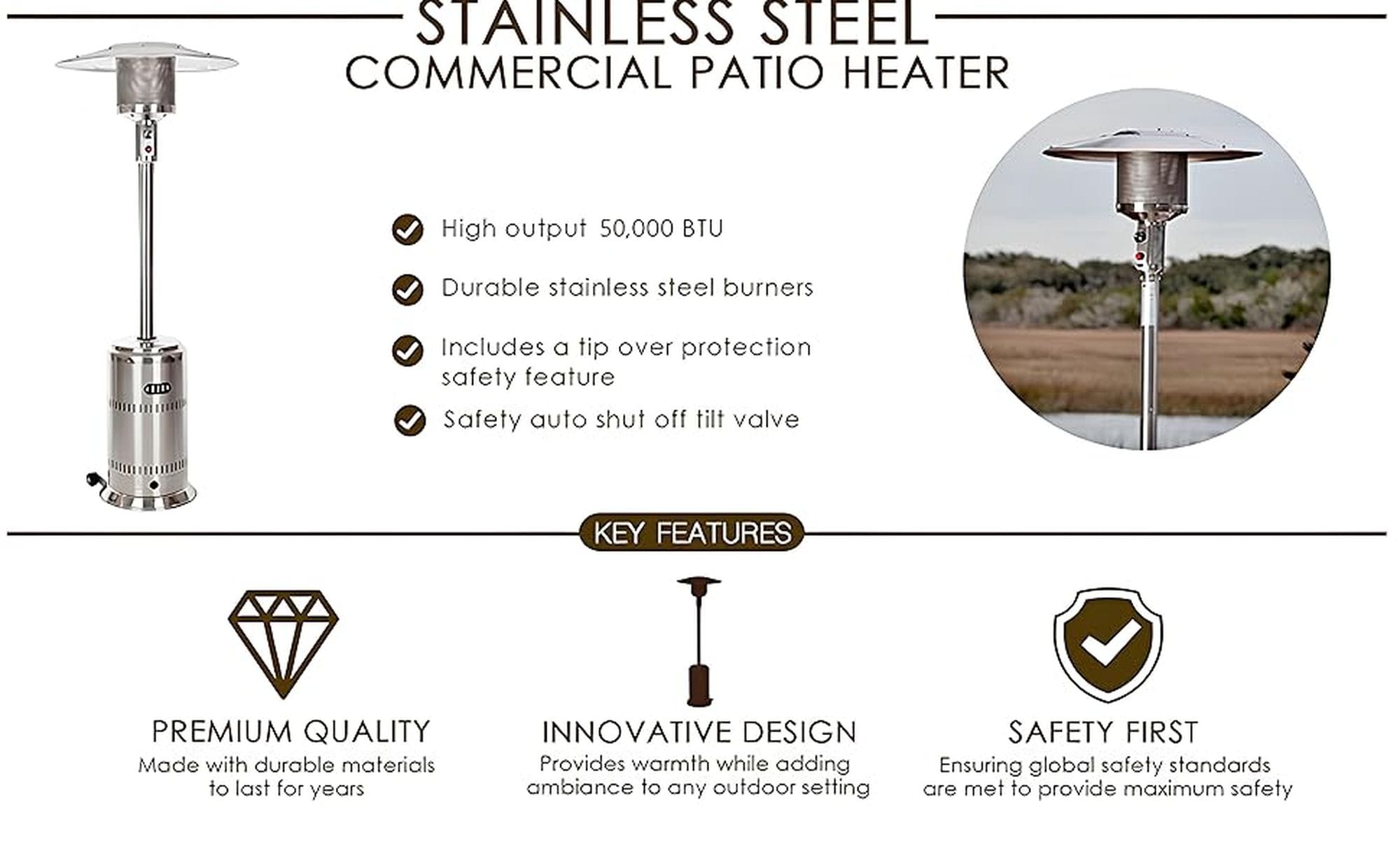 Stainless Steel 50,000 BTU Propane Patio Heater with Wheels