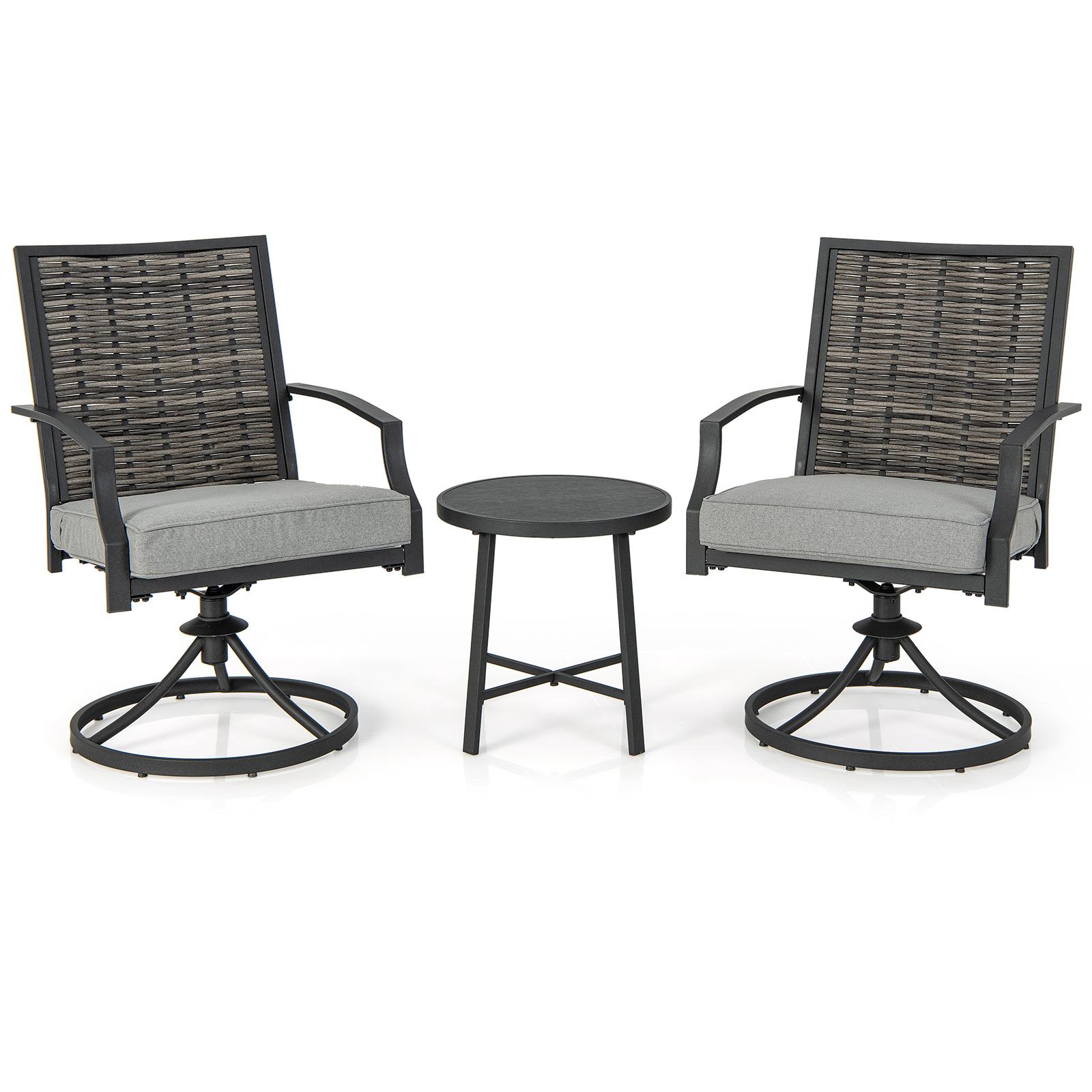 BABOOM BOM-NP11212-CO Patio Swivel Set 3 -Piece Rattan Patio Conversation Set with Gray Cushions