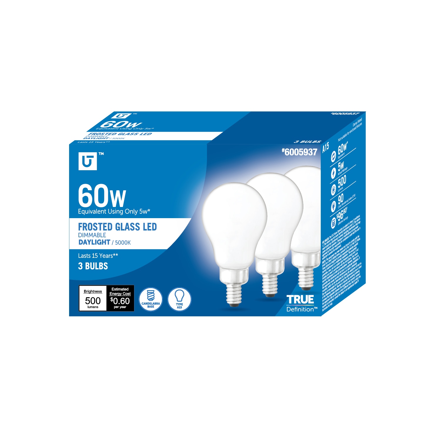 Utilitech 16A08-A15C-F-5W-50 Frosted Glass 60 -Watt EQ A15 Daylight Candelabra base (E-12) Dimmable LED General purpose Light Bulb 3 -Pack