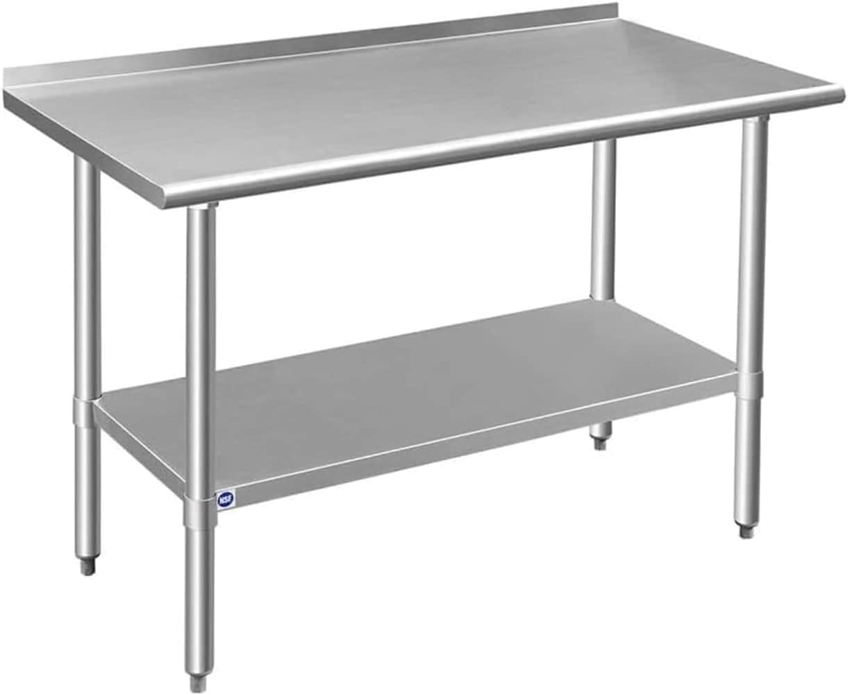GAOMON 36 x 24 x 35 Inch Double Layer Stainless Steel Workbench- Stationary Utility Prep Table without Casters- with Rear Back Panel for Kitchen Garage Workshop