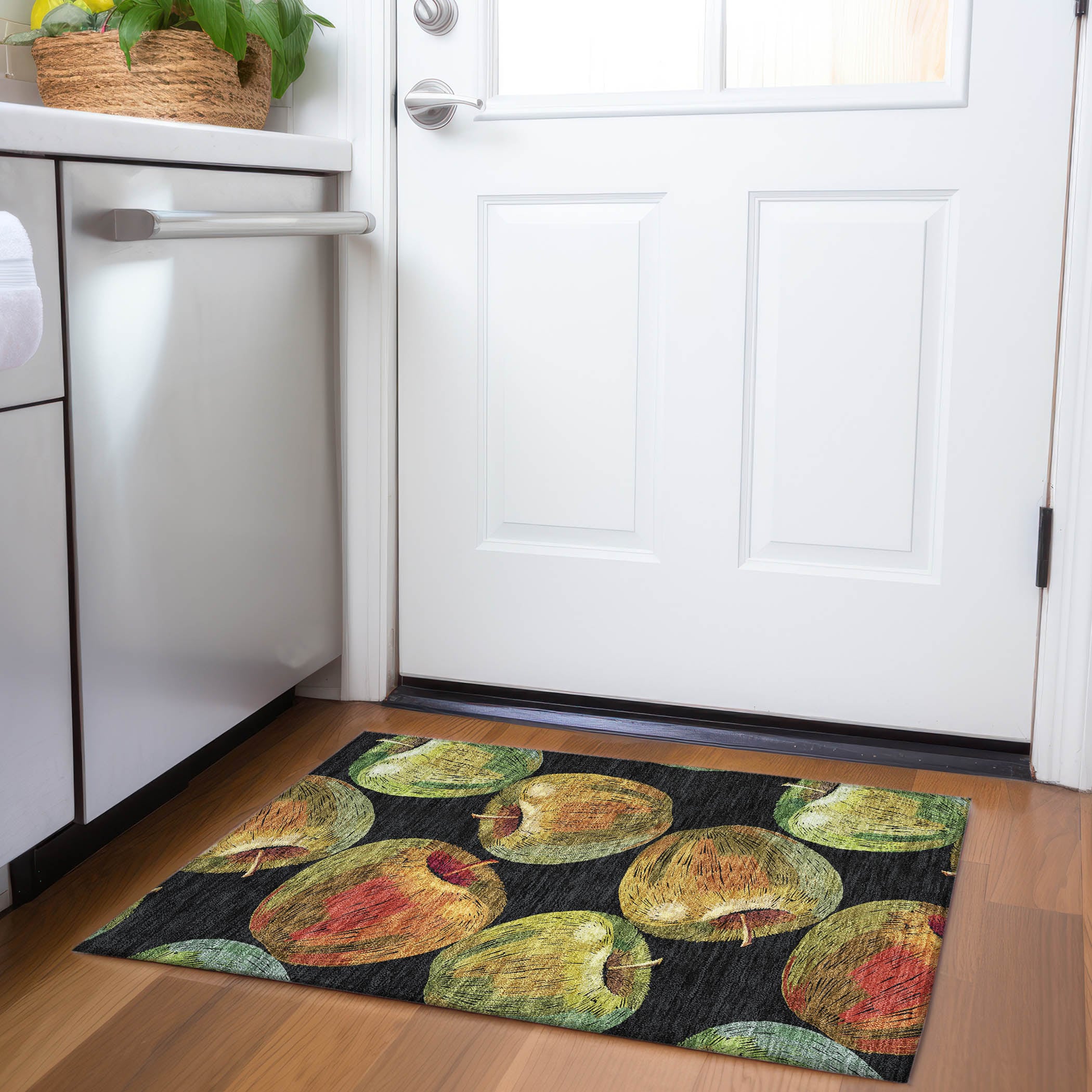 Midnight Black Synthetic Rectangular Washable Rug with Stripe Pattern