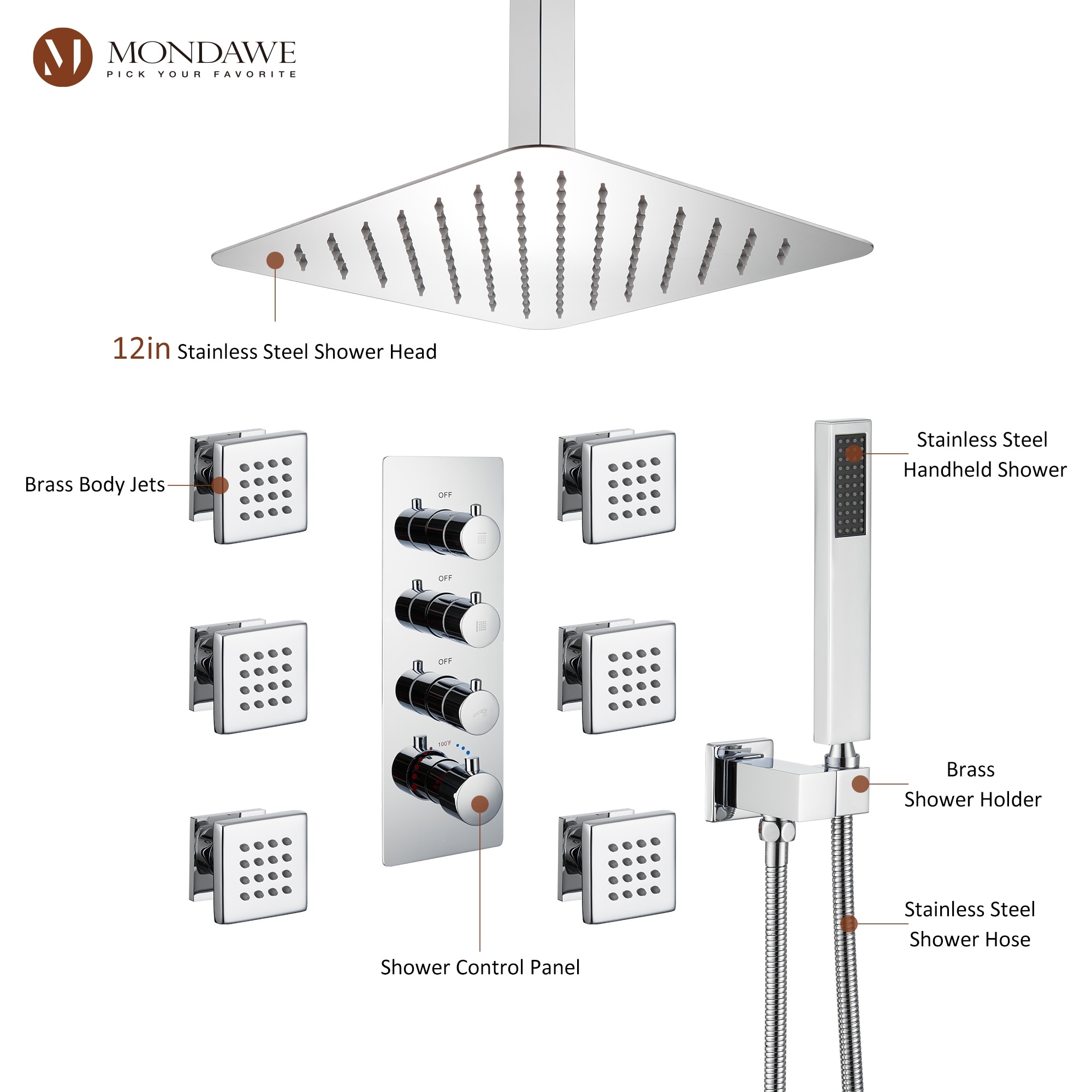Mondawe WF6310-12CH Showerhead-Bar-Panels - View #8