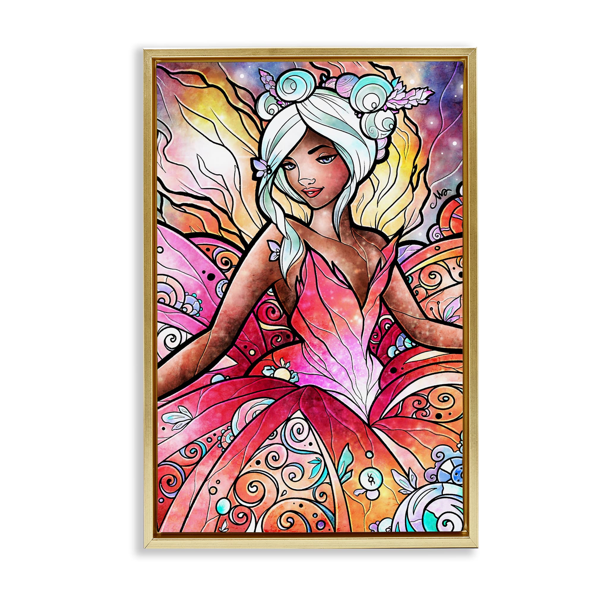 Stupell Industries BS-978-FFG-20X30 Pastel Nouveau Fairy Gold Framed Floater Canvas Wall Art By Mandie Manzano 21 x 31