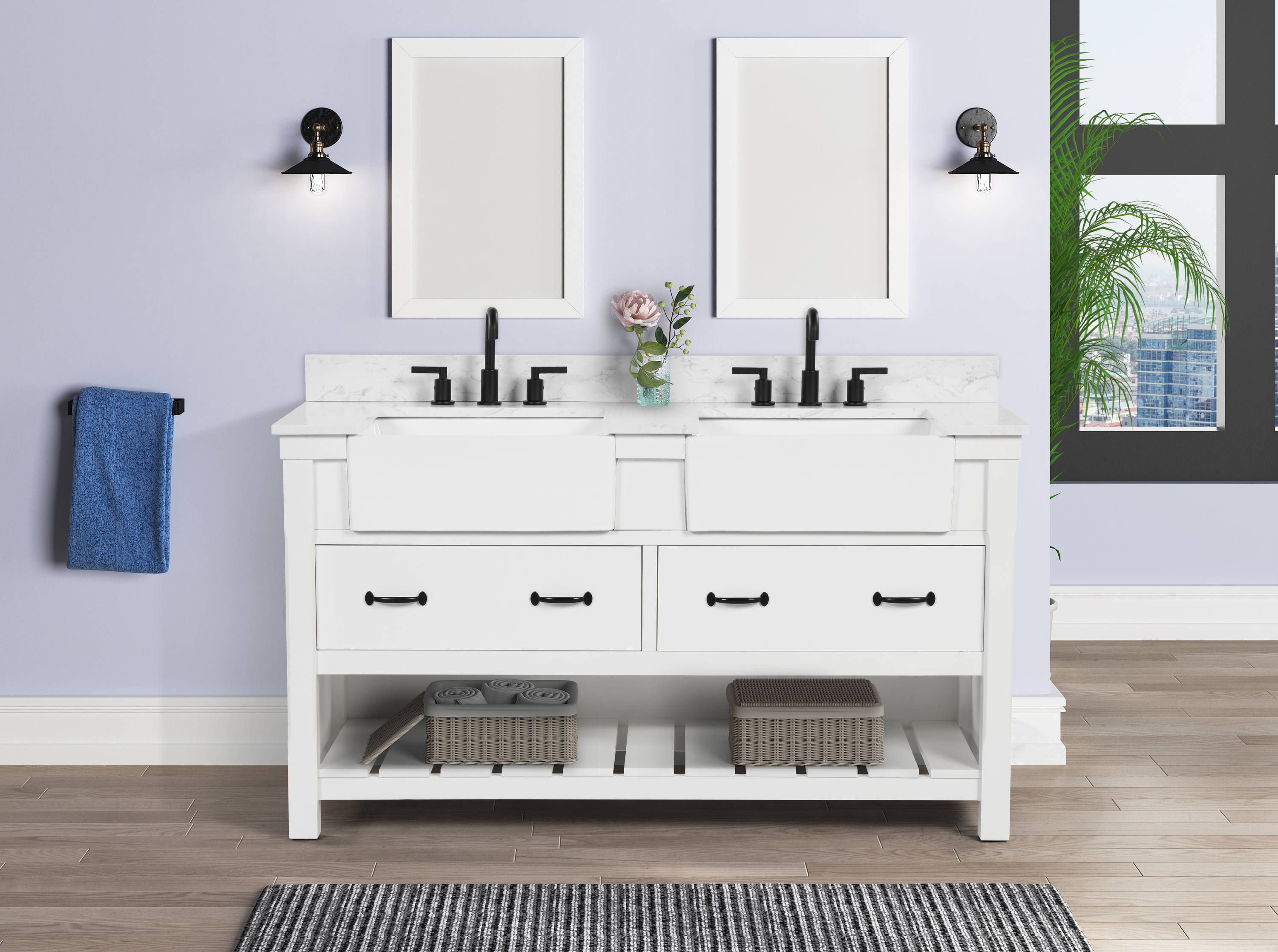 Rectangle Sink DKB- Winston 61 Inch White Single Bathroom Vanity with 1.5 Inch Thick Edge Pure White Quartz Countertop Toe Kick 2 Soft Closing Doors & 9 Full Extension Dovetail Drawers