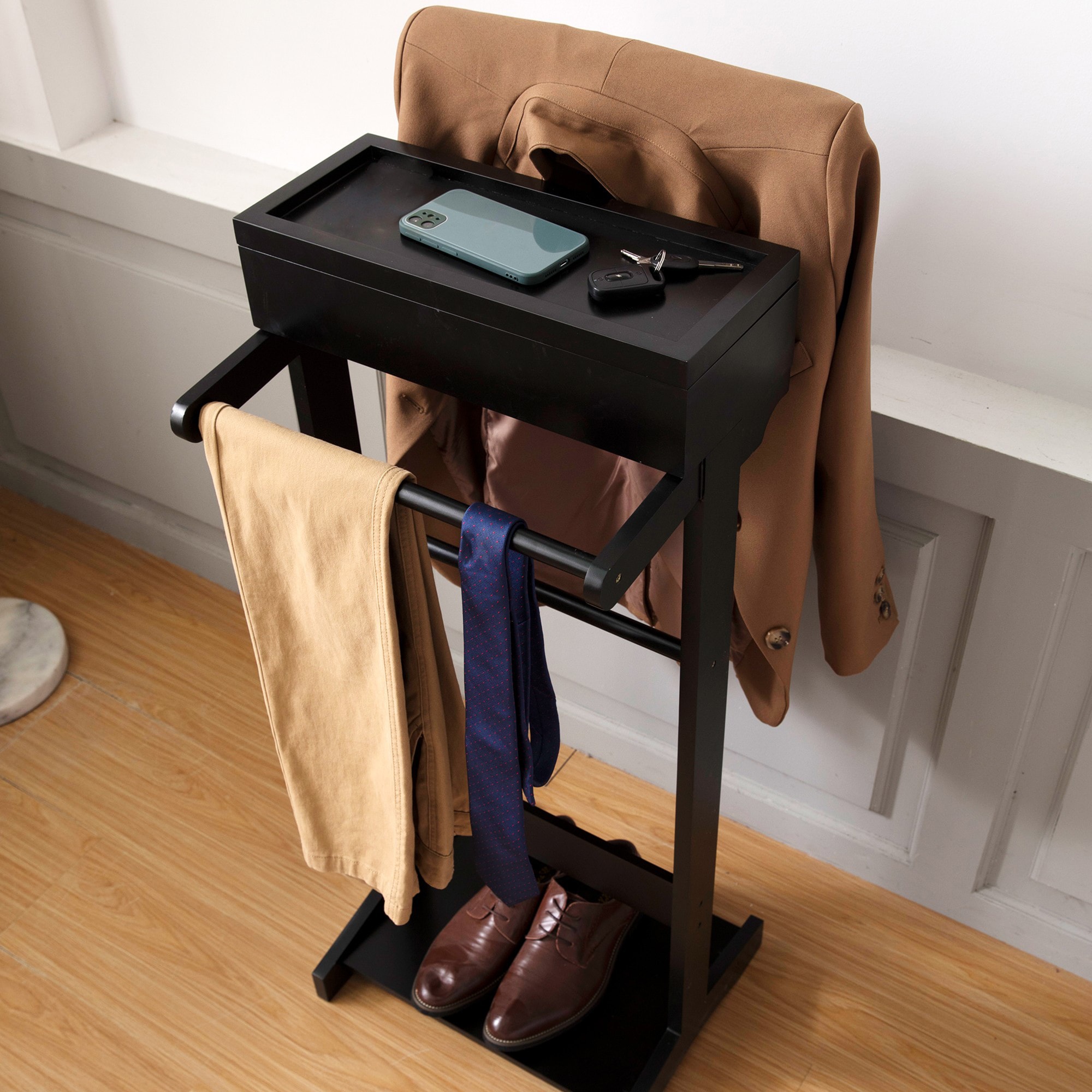 LOVMOR SF-M-W76056838 Black Portable Garment Rack Clothes Valet Stand with Storage Organizer