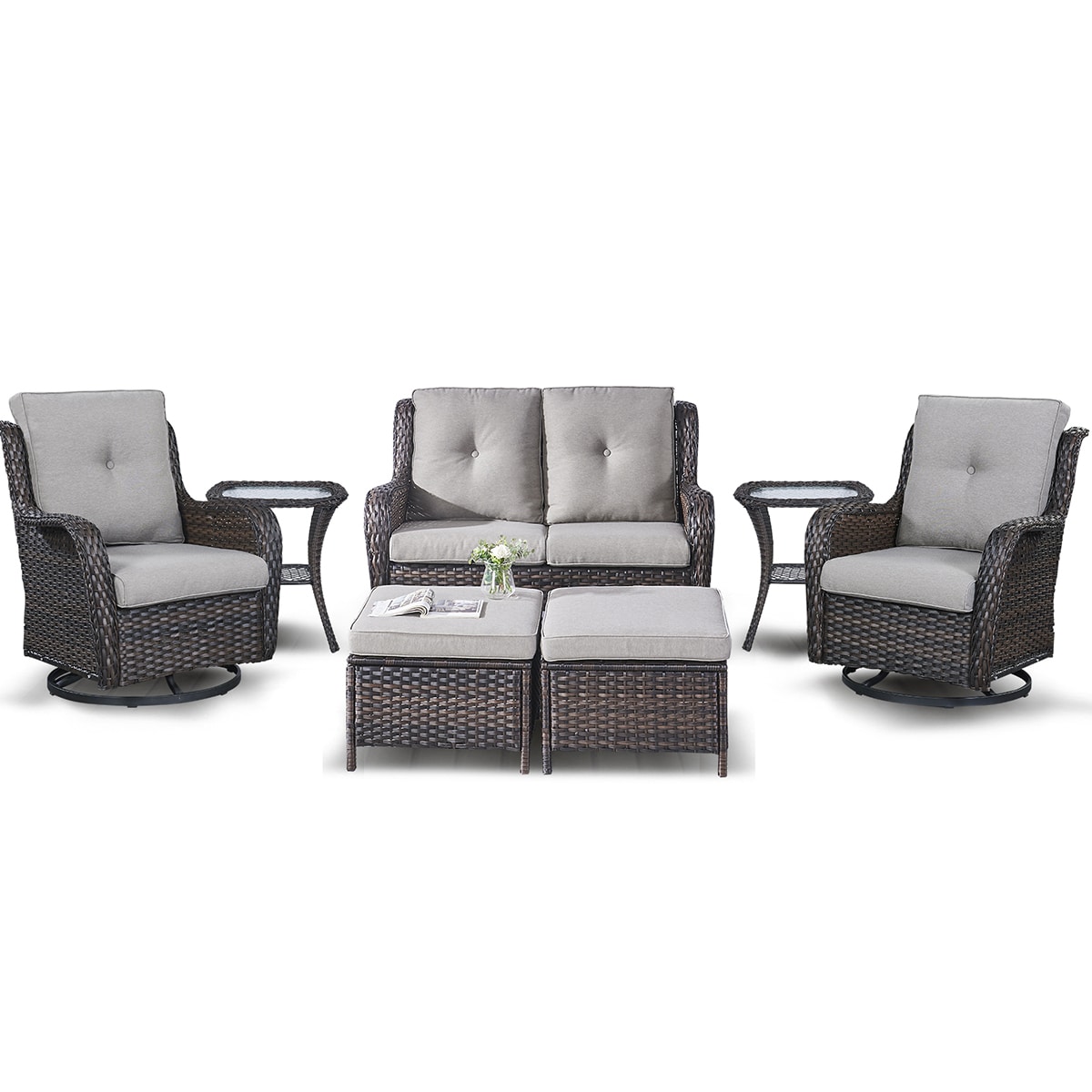 Rilyson FS038025X2023014-3 7 -Piece Wicker Patio Conversation Set with Gray Cushions