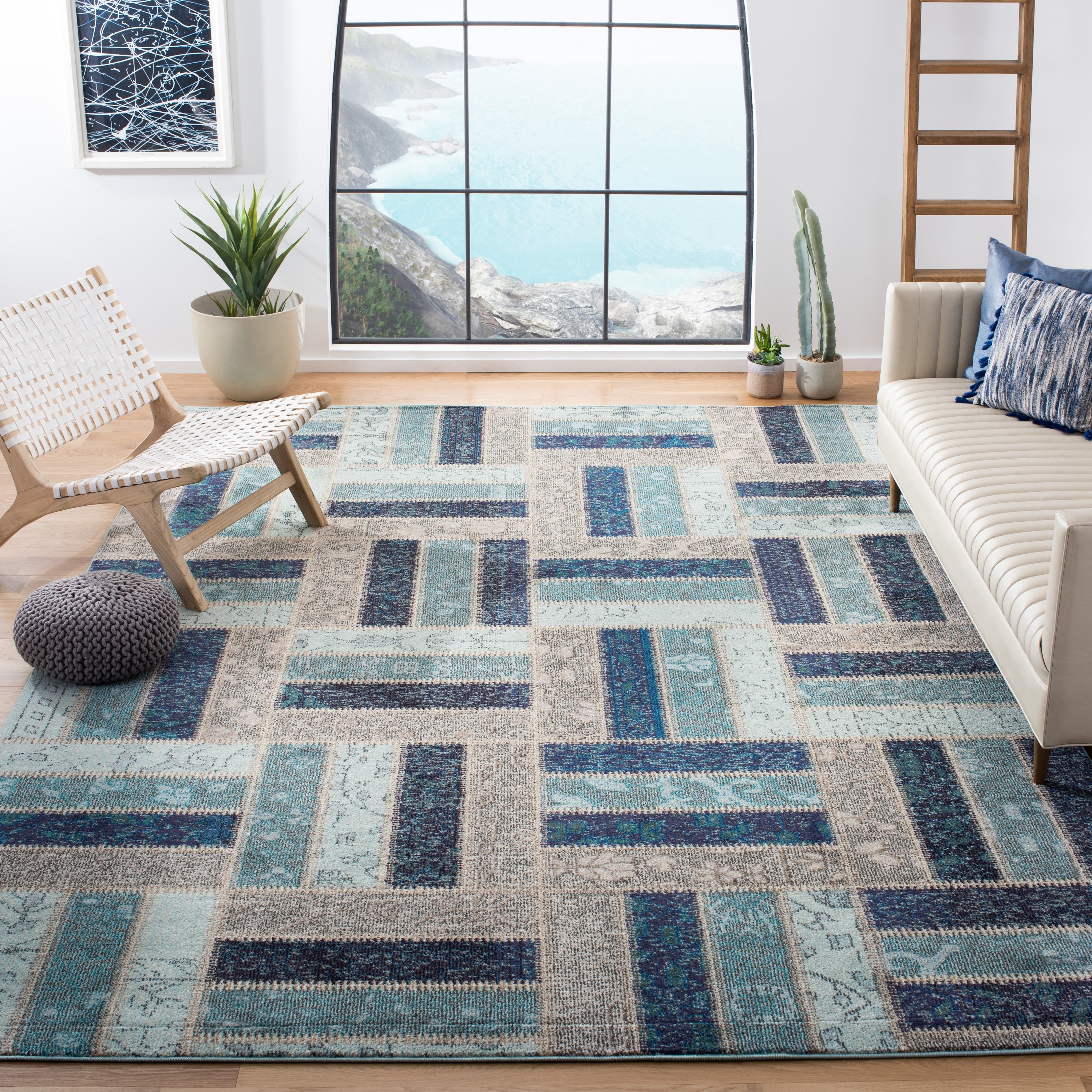 Gray and Blue Geometric Rectangular Area Rug
