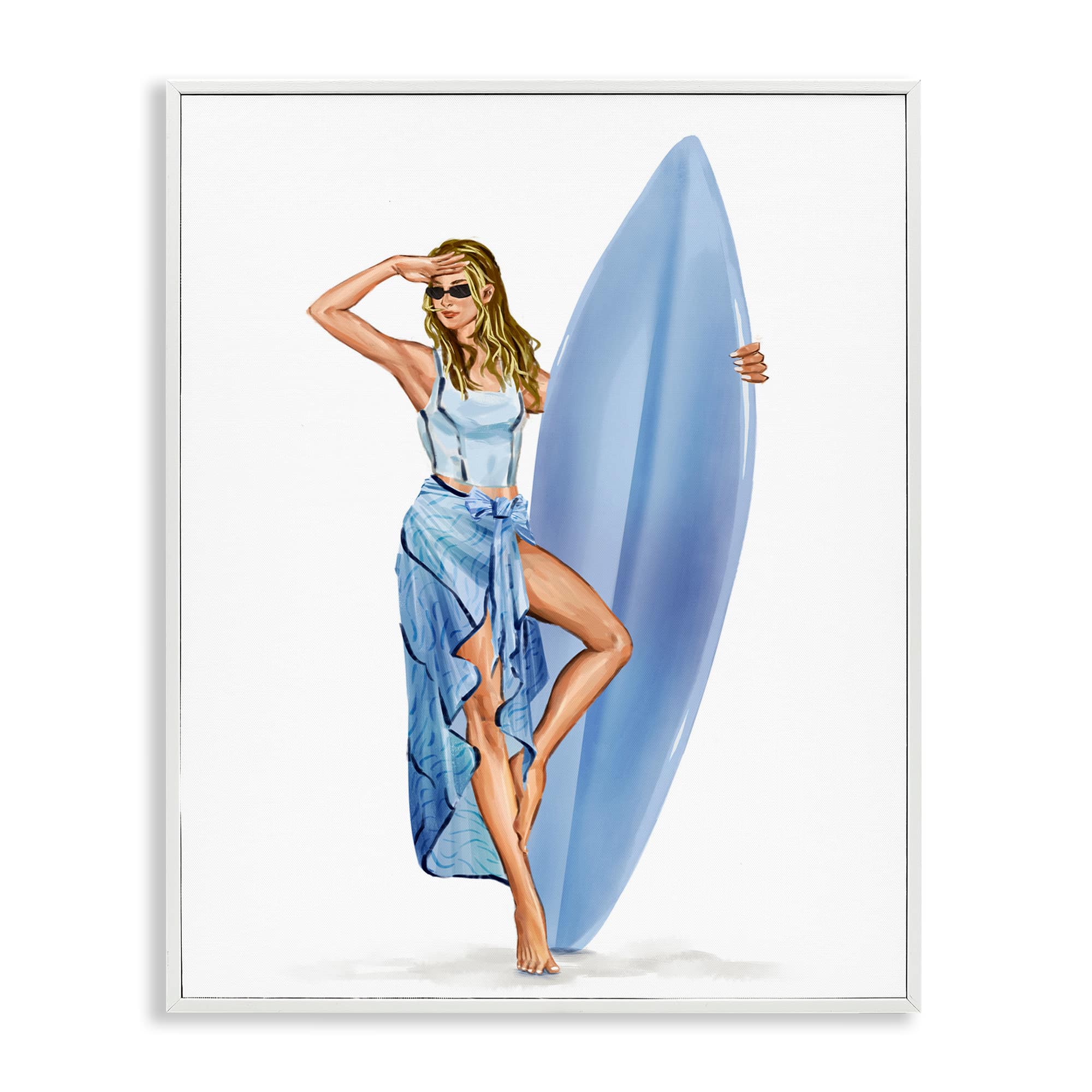 Stupell Industries BT-197-WFR-16X20 Trendy Surfer Girl in Blue White Framed Giclee Art By Ziwei Li 16 x 20
