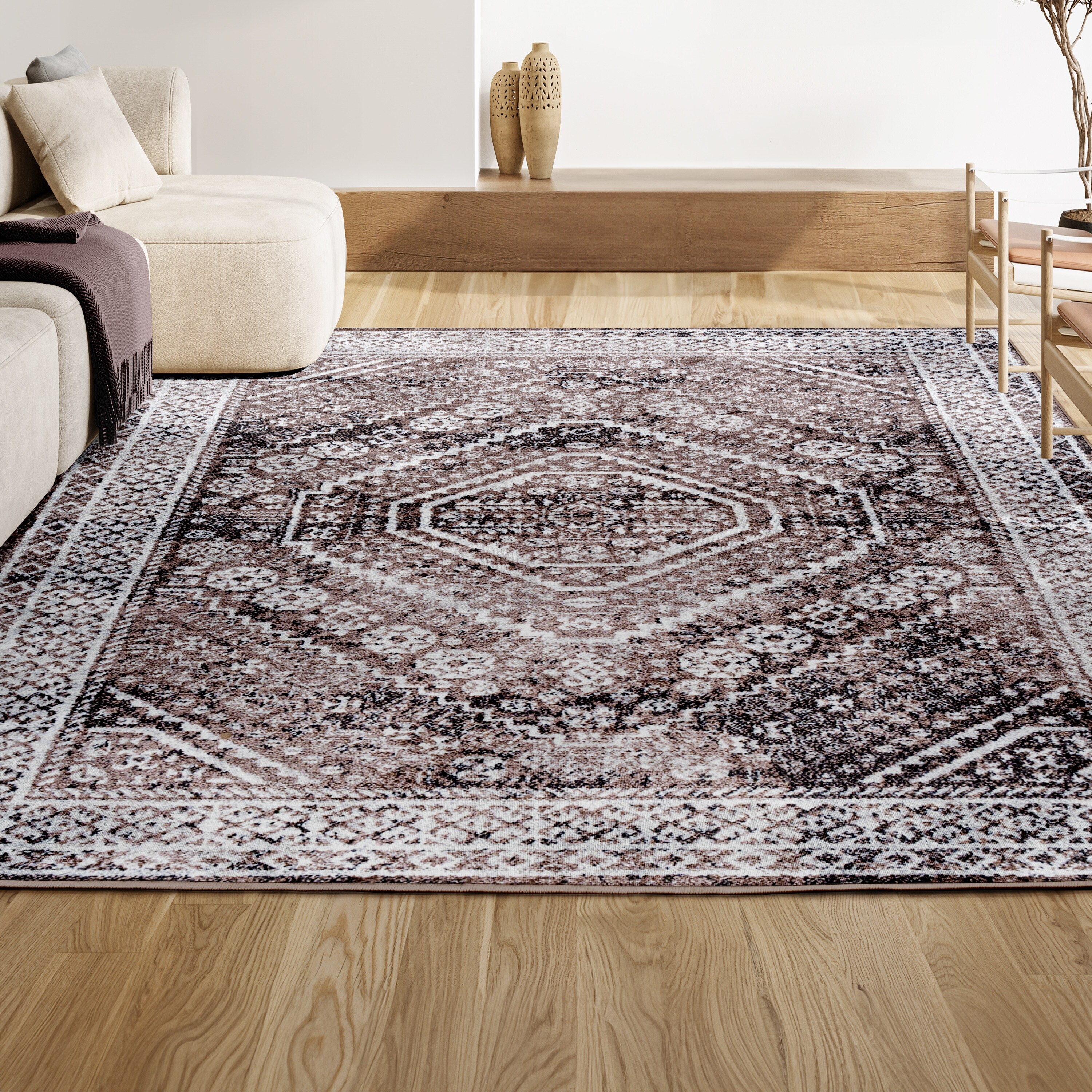 Bohemian Medallion Brown/Ivory Synthetic Area Rug - Easy Care