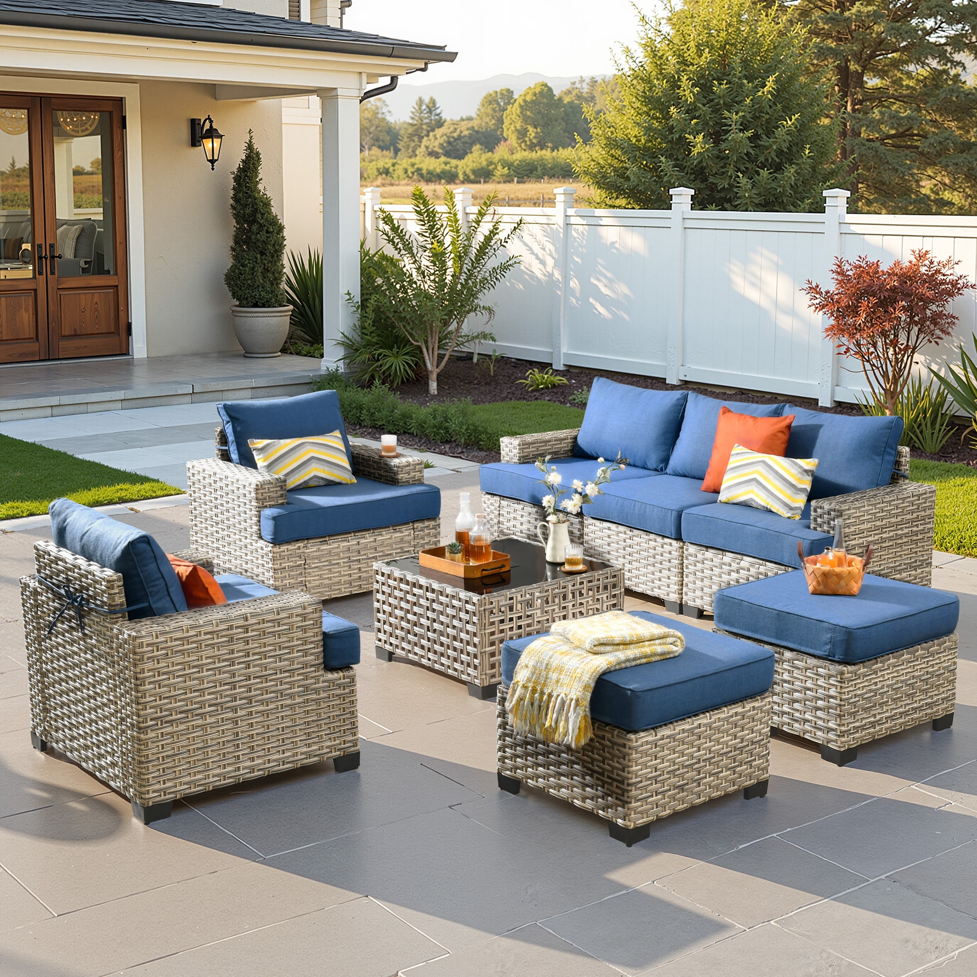 ALTRIGUS 6L-TBS508-AL 8 -Piece Wicker Patio Sofa Conversation Set with Blue Cushions