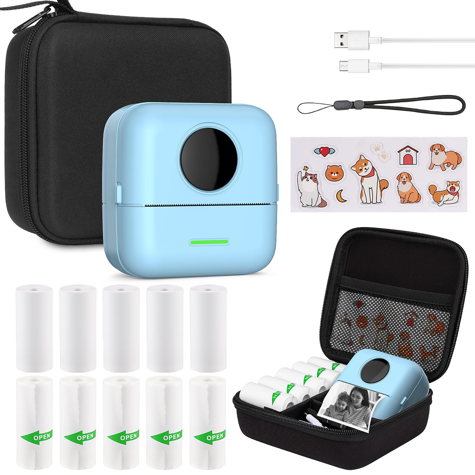 JVFCXXV  Mini Sticker Printer Thermal Inkless Bluetooth Label Maker with Protective Case and Eleven Rolls of Thermal Paper for IOS and Android