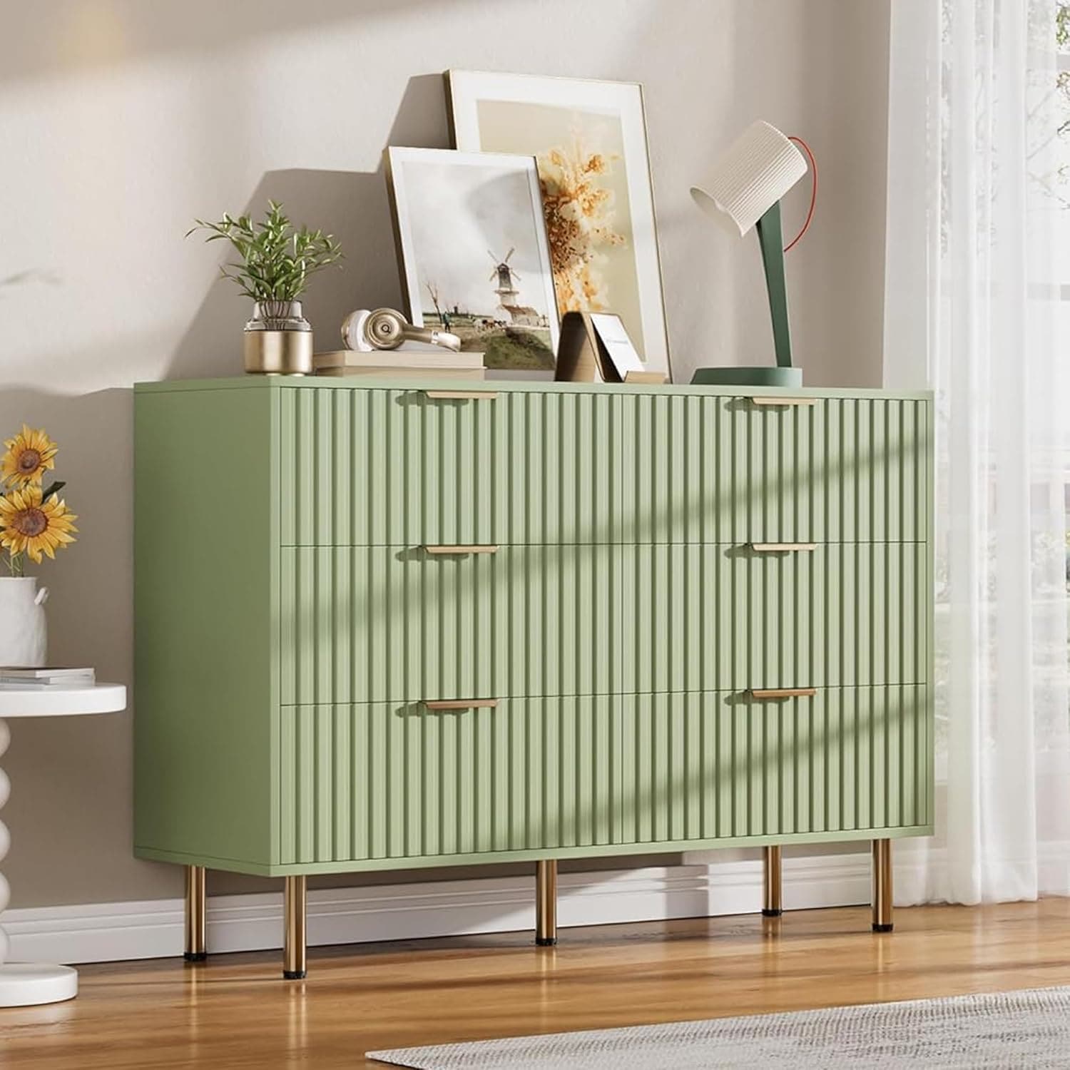Garvee Green 6 Drawer Dresser for Bedroom Fluted Dresser with Large Drawers and Sturdy Gold Legs Support Dressers Chests of Drawers for Bedroom Living Room Kids' Room