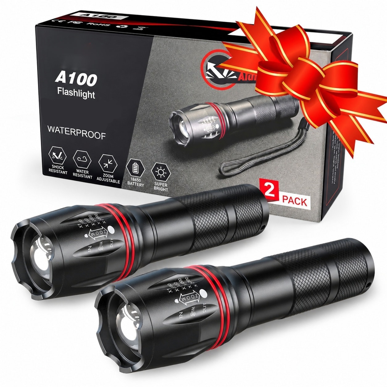 DYRCJ  LED Flashlight High Lumens Waterproof Zoomable 5 Modes Emergency Light for Camping Hiking Home Outdoor Use Aluminum Alloy Durable 2 pack