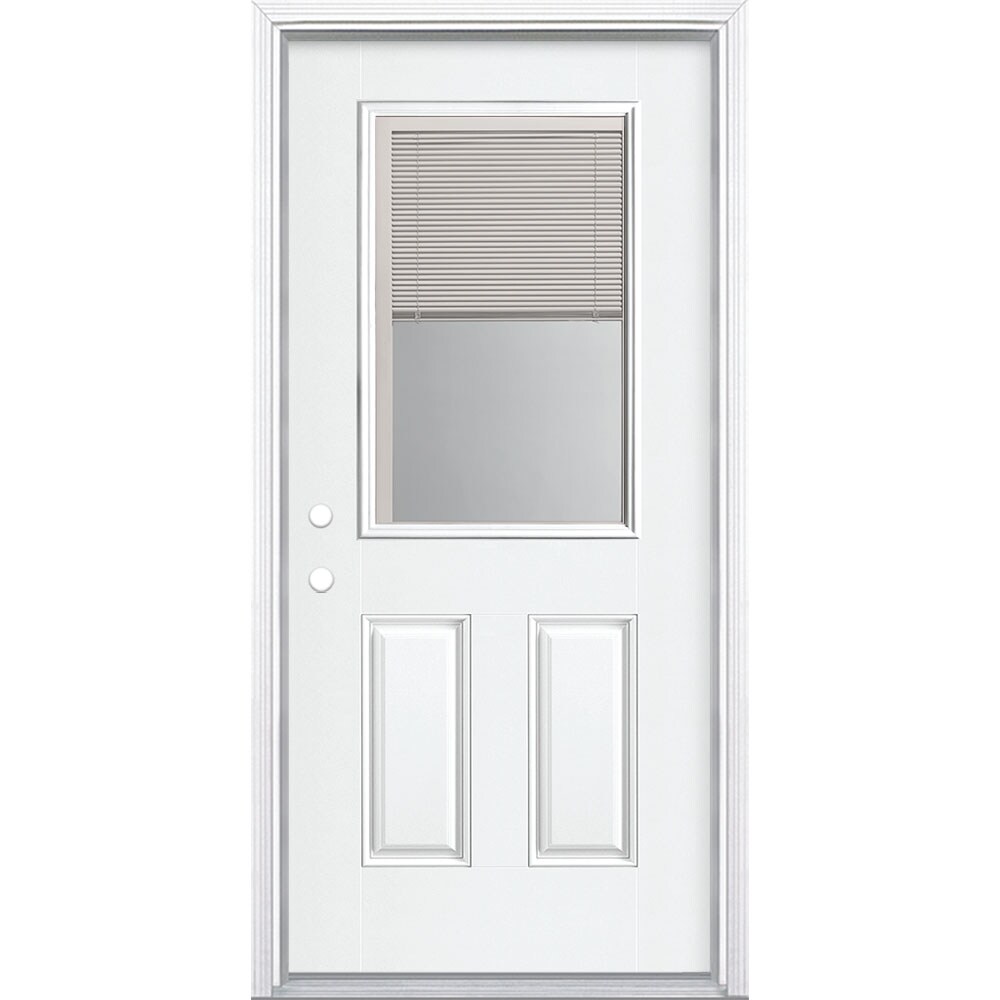 Masonite 36-in x 80-in Fiberglass Half Lite Right-Hand Inswing Modern White Painted Prehung Single Front Door with Brickmould Insulating Core with -  1218462