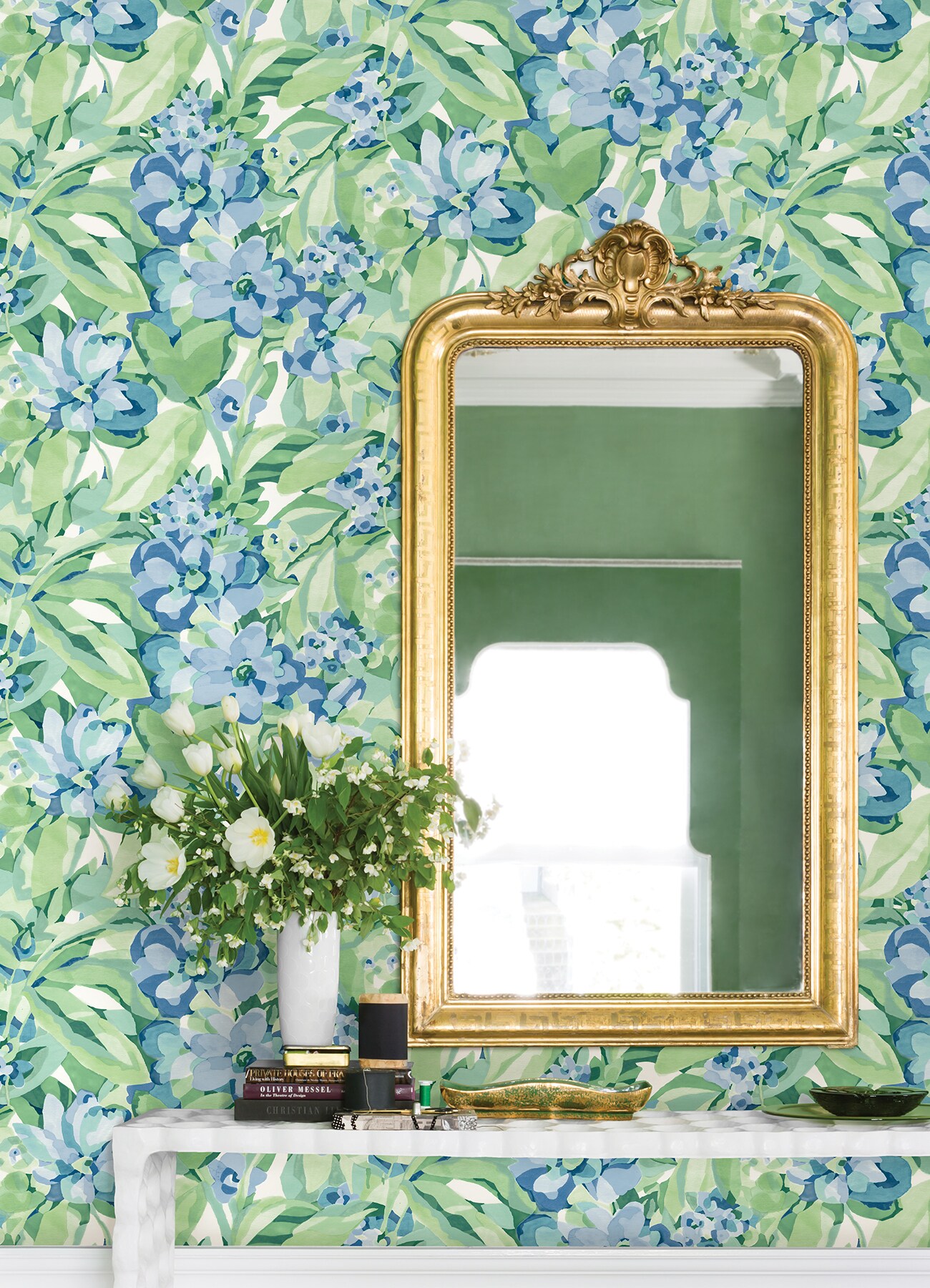 Heather Green and Blue Vinyl Floral Peel and Stick Wallpaper