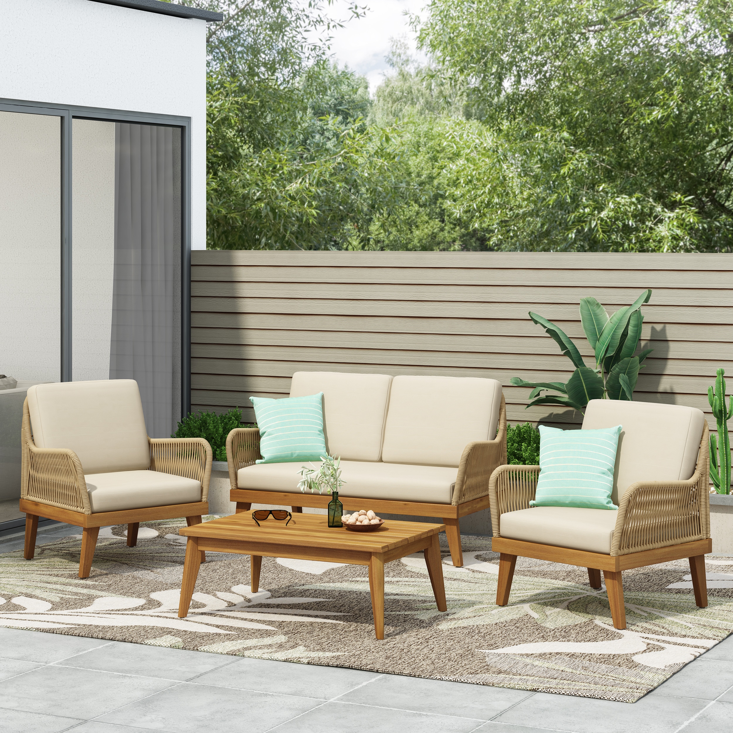 LOVMOR - 4 Piece Teak Acacia Wood Rope Patio Chat Set Loveseat 2 Chairs Table Water Resistant Cus...