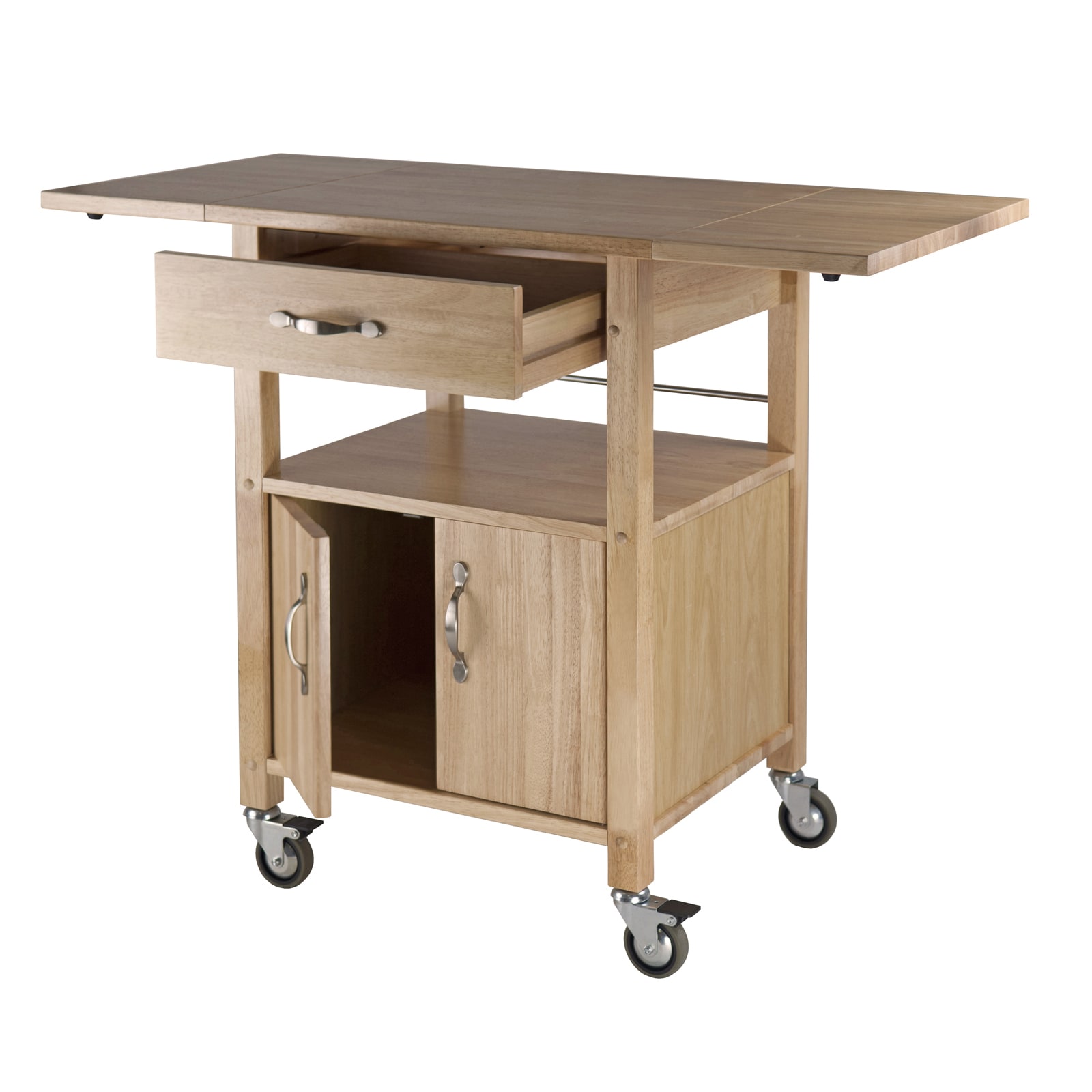 Transitional Brown Wood Drop-Leaf Kitchen Cart with Storage
