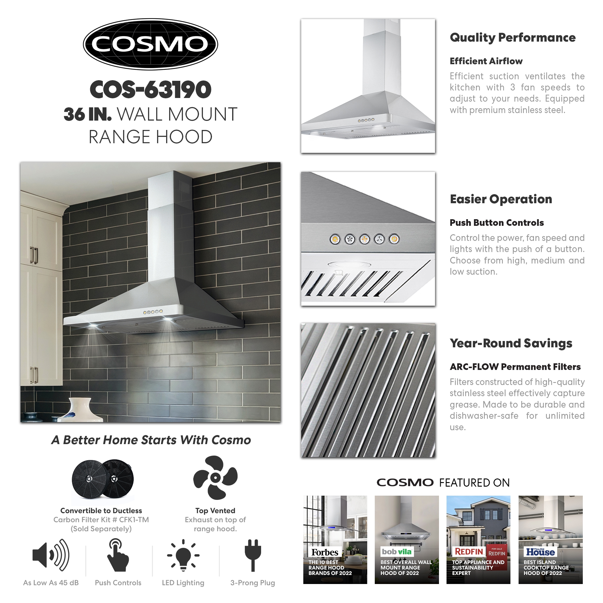 Cosmo 30-Inch 380 CFM Ductless Wall Mount Range Hood in Stainless Stee