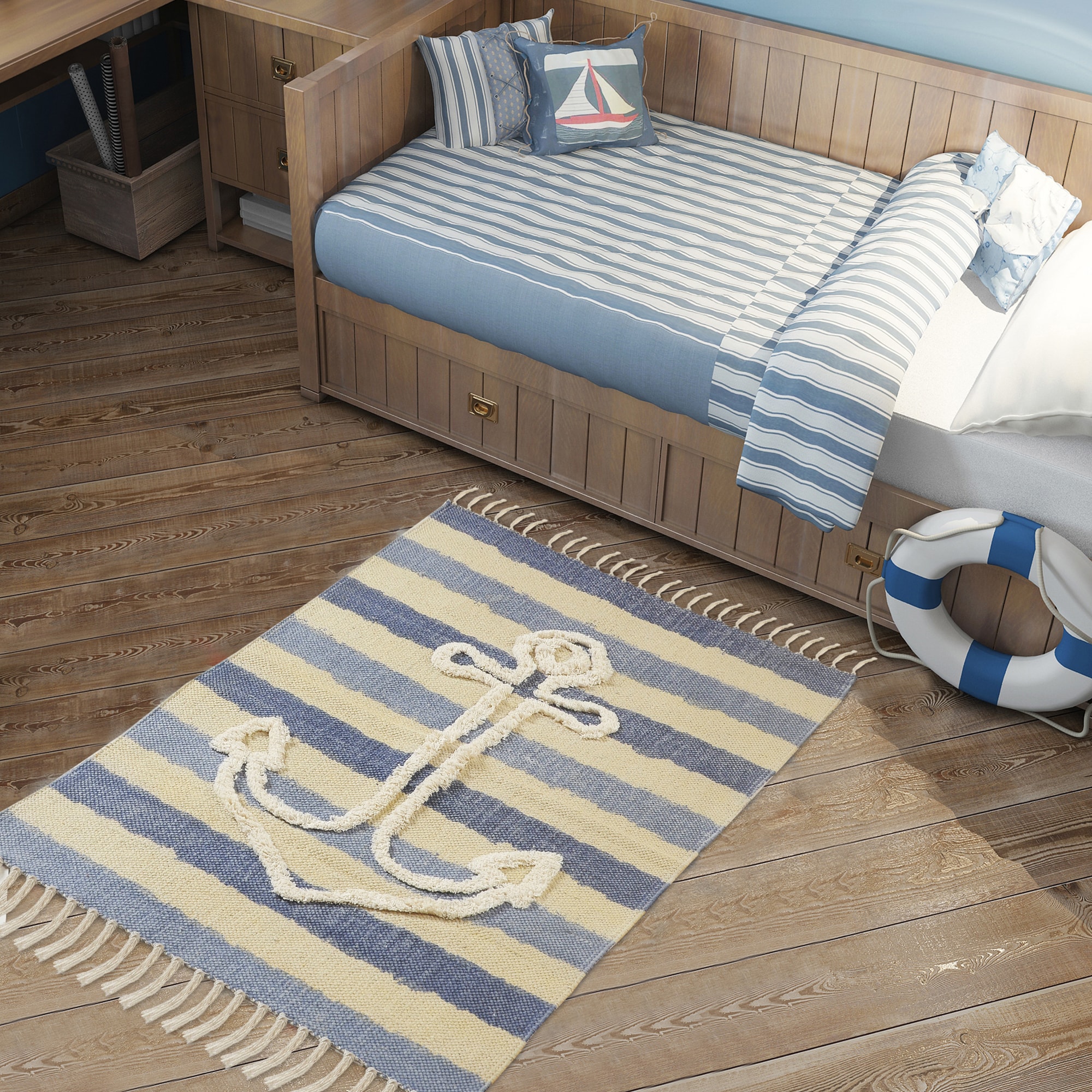 Handmade Nautical Tufted Cotton Accent Rug 45" x 30" - Blue Stripe