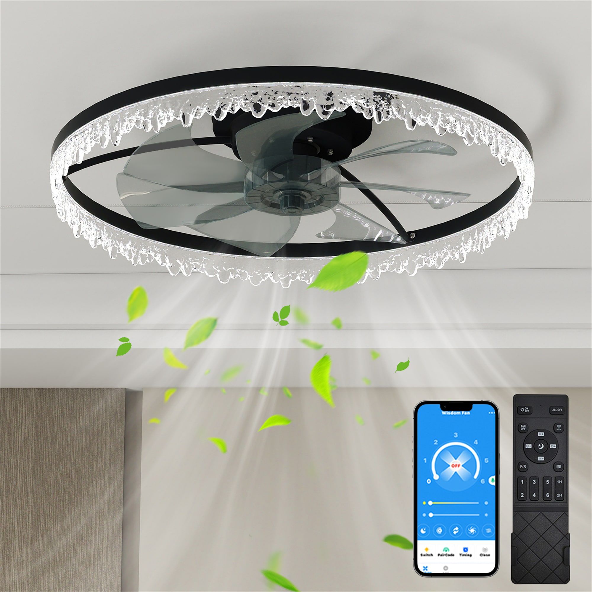 BABOOM BOM-0120487-OR Luxury Crystal Ceiling Fan 23.6-in Flush Mount Smart Black/iron with ABS Blades Fandelier Ceiling Fan With Light - Remote Included ( 7 -Blade )