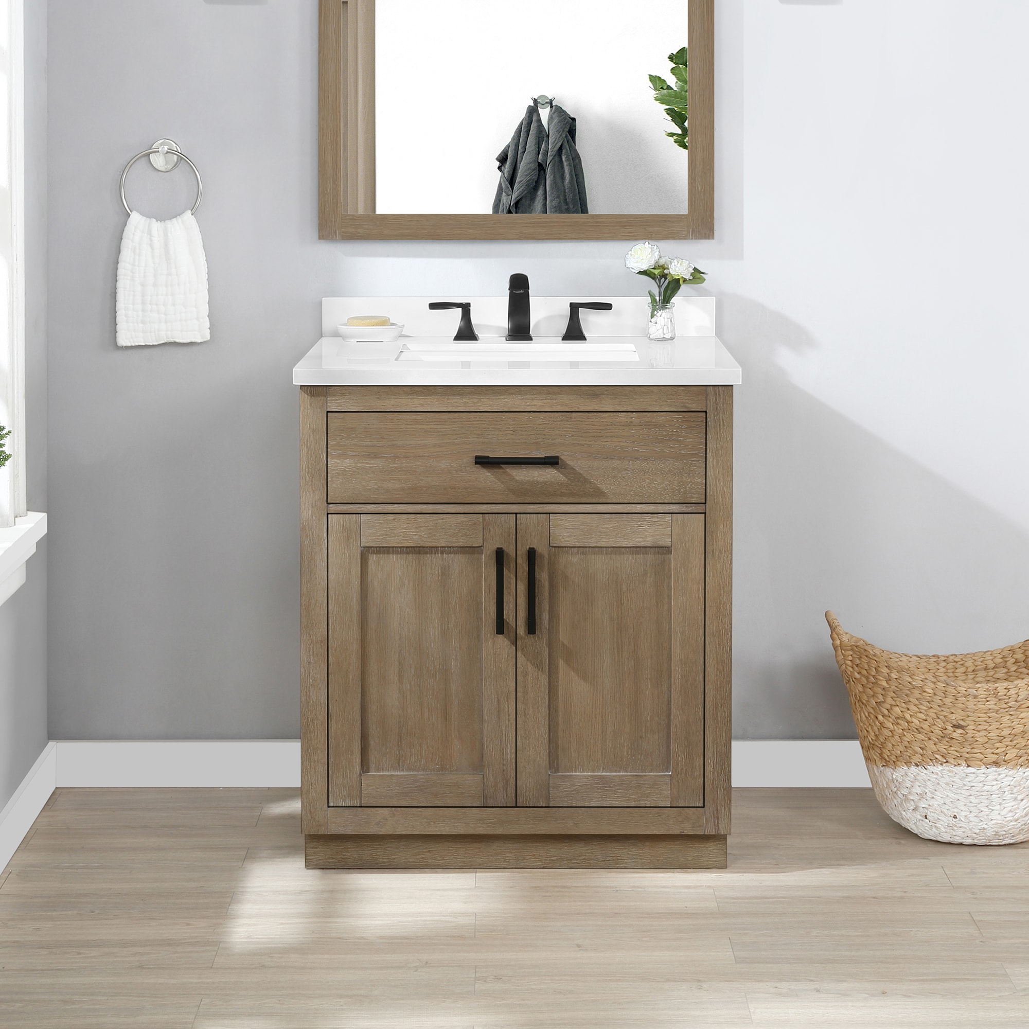 OVE Decors 15VVA-BAIL30-C28 Bailey 30-in Driftwood Oak Undermount Single sink Bathroom Vanity with White Quartz Top