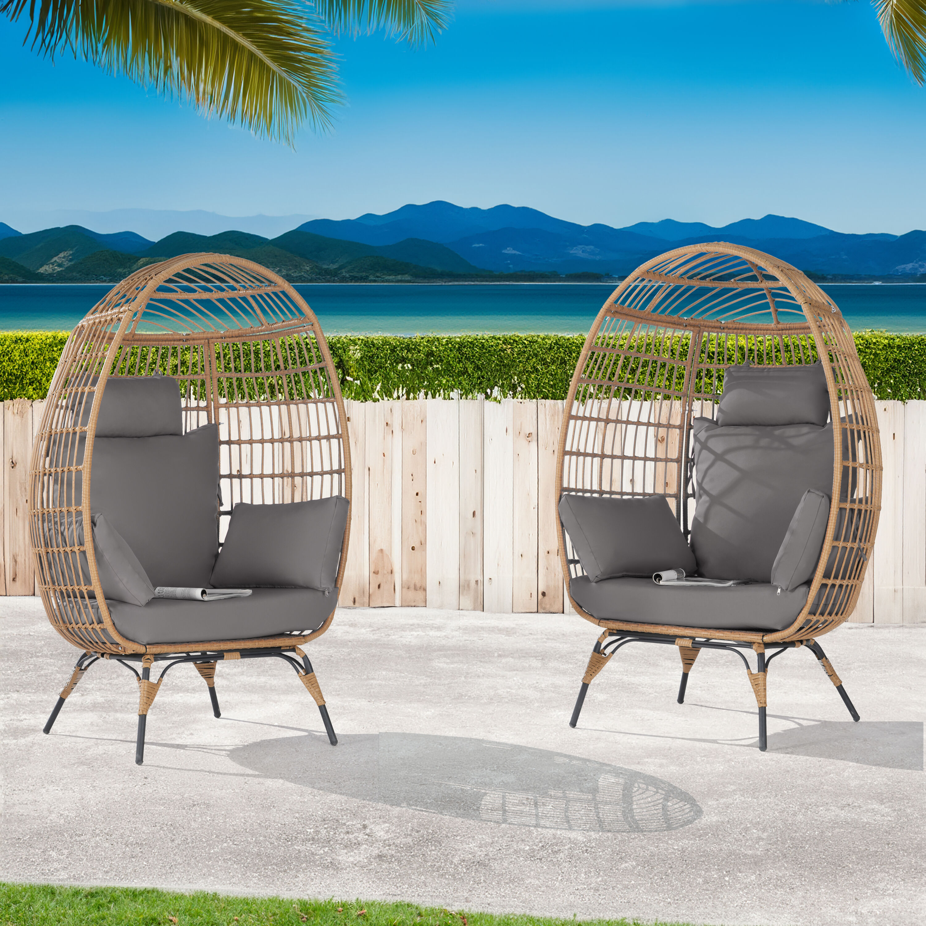 SANSTAR L-JDC58GY-AA Patio Chairs Set of 2 Wicker Brown Metal Frame Stationary Egg Chair with Dark gray 220gsm Polyester Cushioned Seat