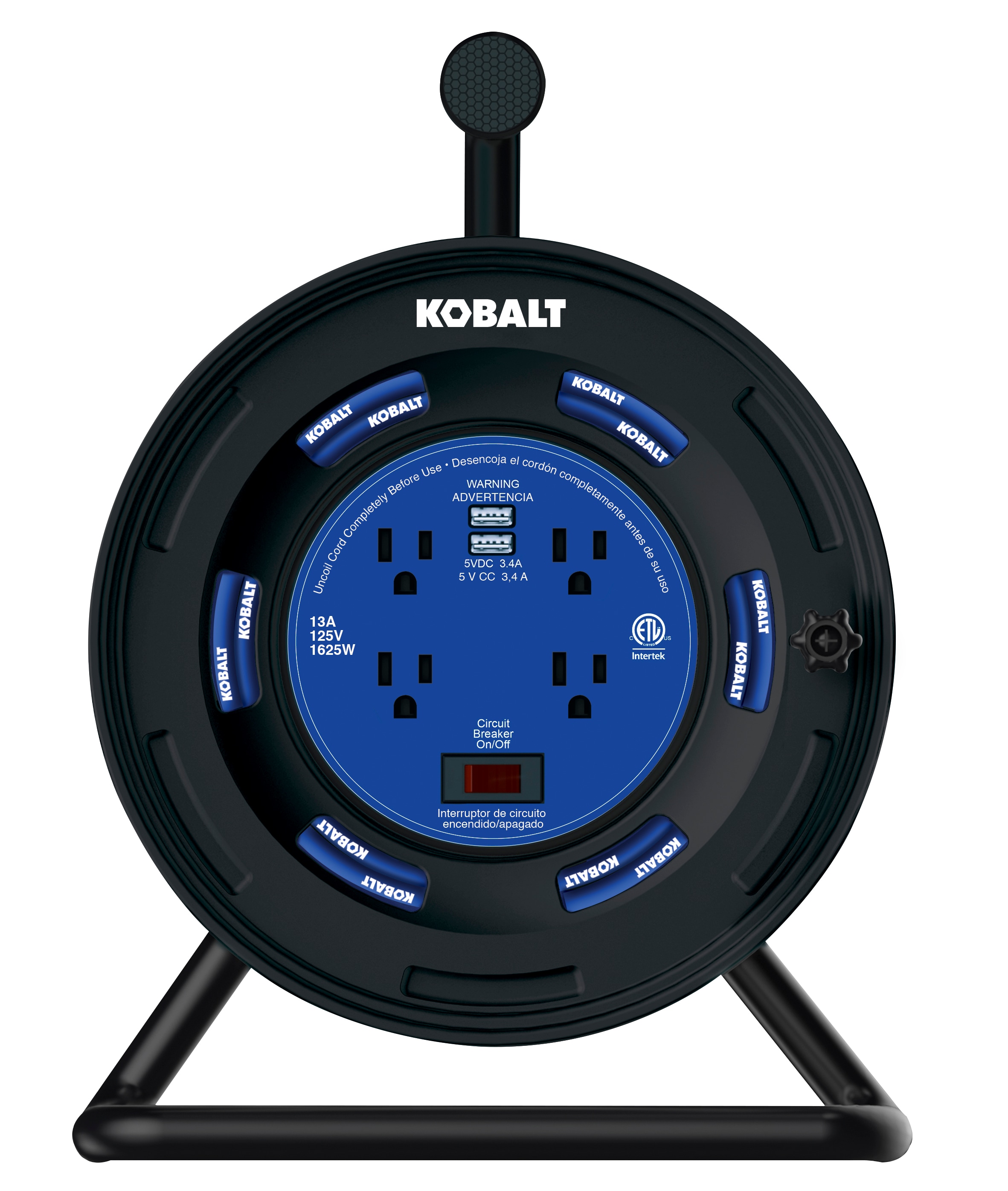 Kobalt 4-outlet Kobalt Black/blue Cord Reel 2-usb W/80ft 14/3 Sjtw Ext Cord  in the Extension Cord Accessories department at