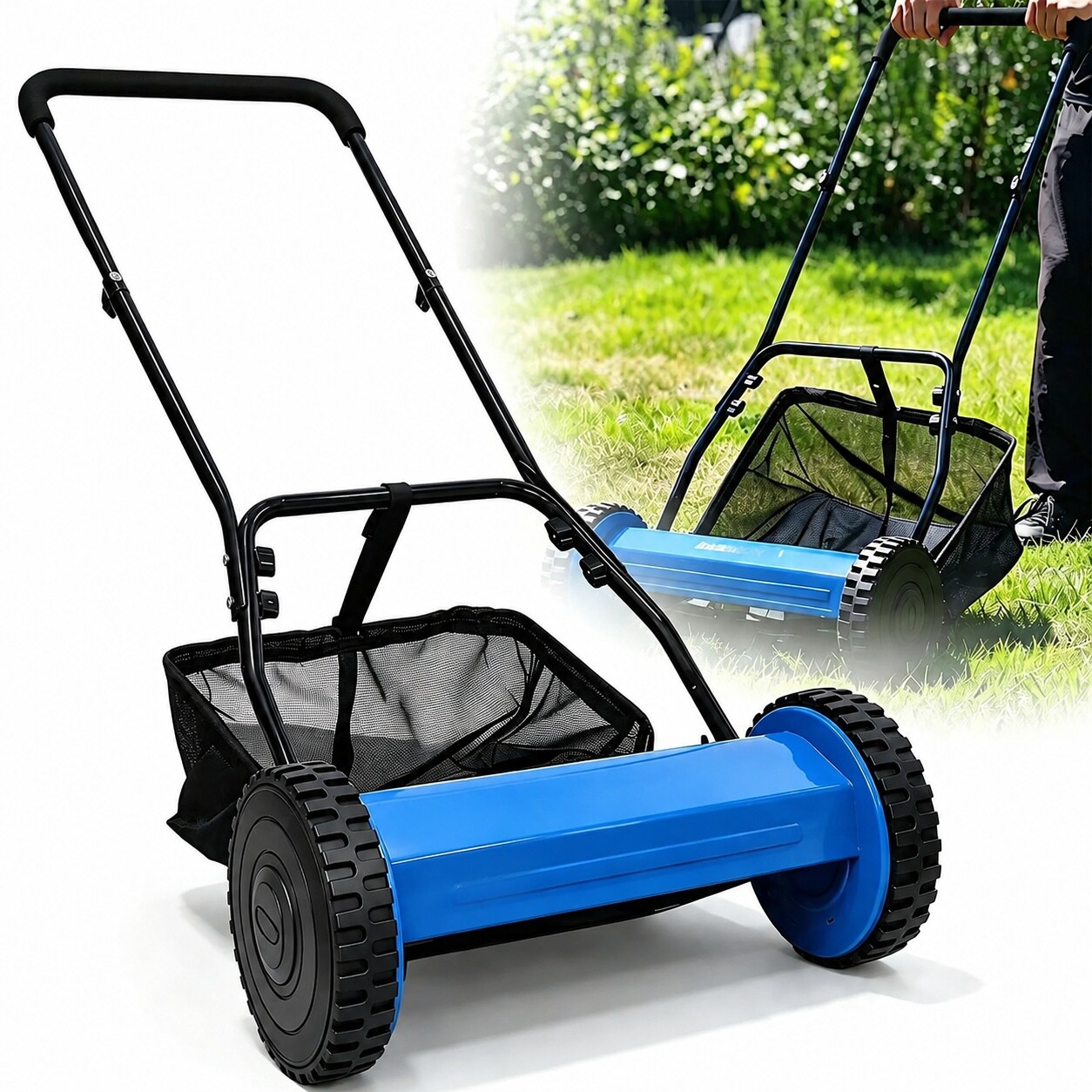 CYIKE 14 Inch 5 Blade Manual Push Reel Lawn Mower with Removable Grass Catcher Bag and Adjustable Cutting Height for Yard and Garden Grass #LCY0821G397