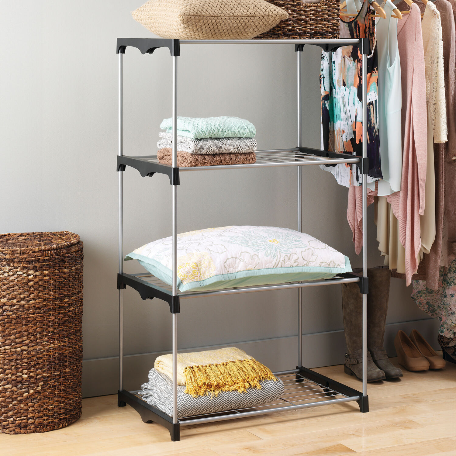 Whitmor 4-Tier Black and Silver Metal Shelf Tower