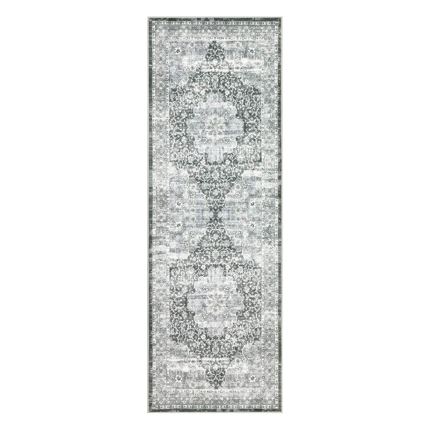 Qeetex LSN-PHO-16I7LC1M 2 x 6 ft Polyester Cashmere Gray Rectangular Hallway Bathroom Entryway Kitchen Office Foldable Flower Printed Persian Washable Area Rug