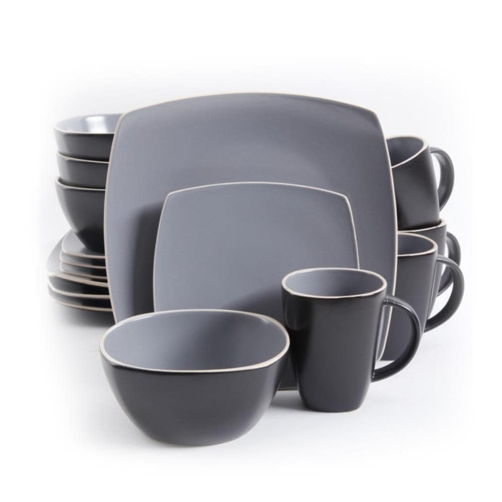 Gibson Home Gray Stoneware 16-Piece Square Dinnerware Set, Microwave ...