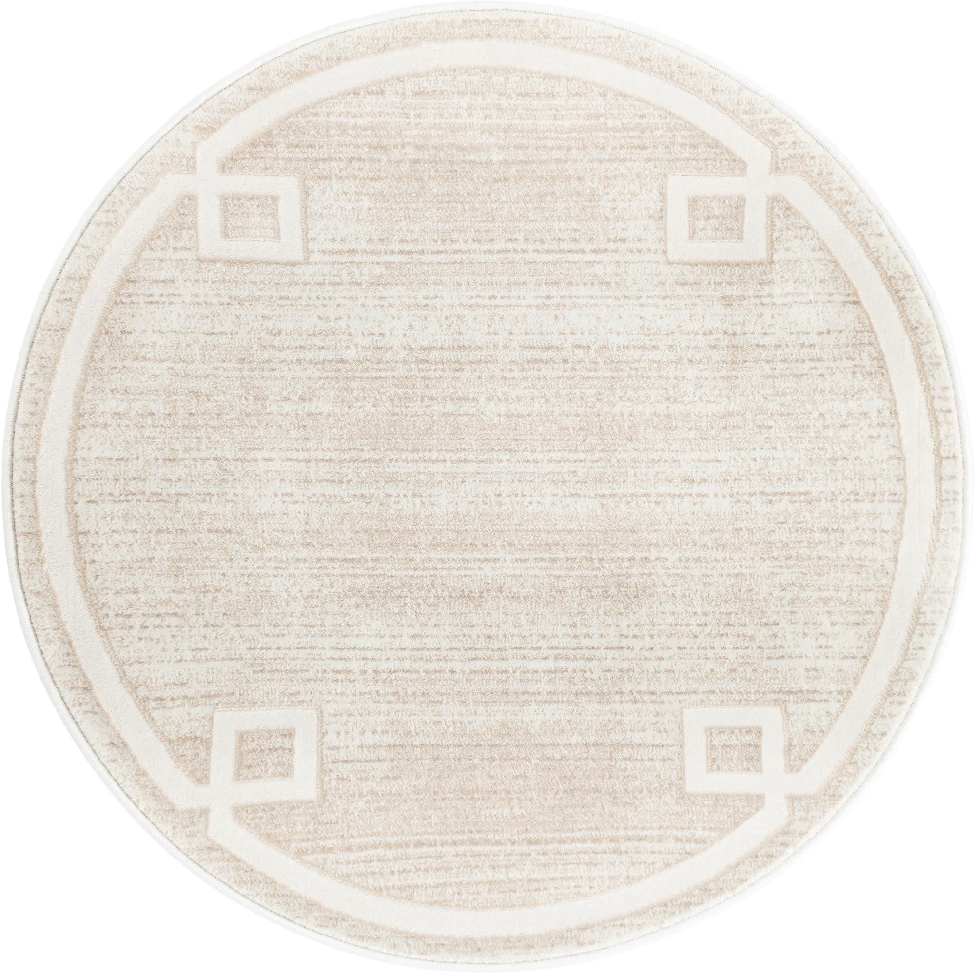 Ivory and Beige Round Geometric Synthetic Rug, 3 ft