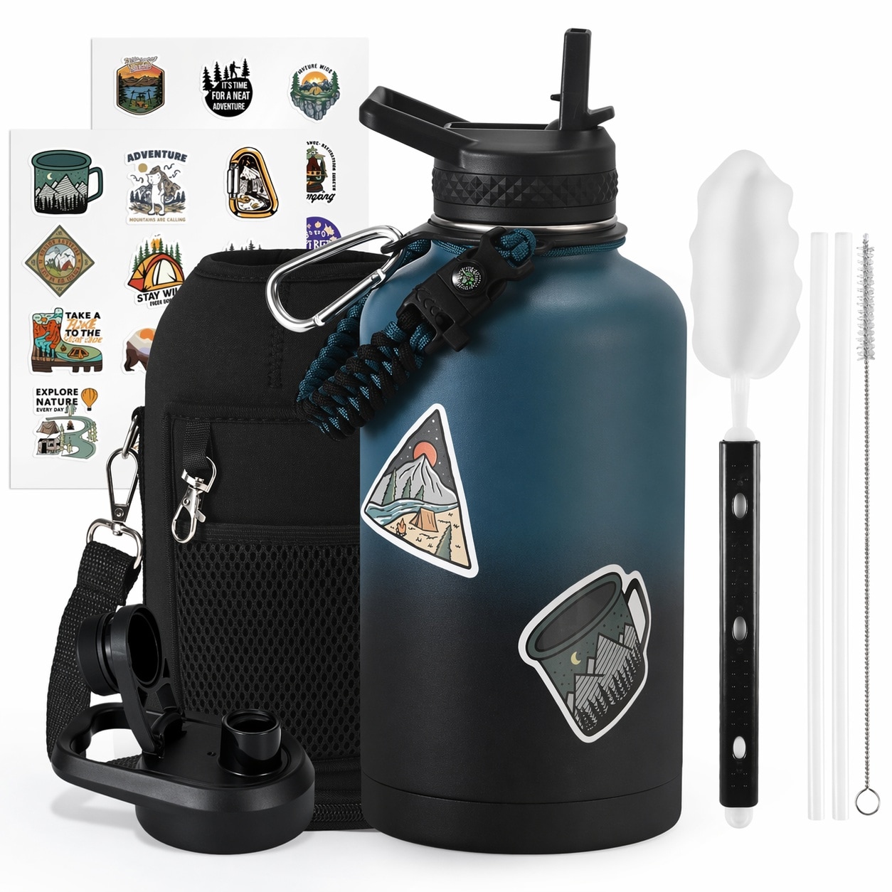 Aoibox  64 oz Insulated Triple Wall Stainless Steel Water Jug with Straw and Spout Lids Cold 48 Hours with Pouch